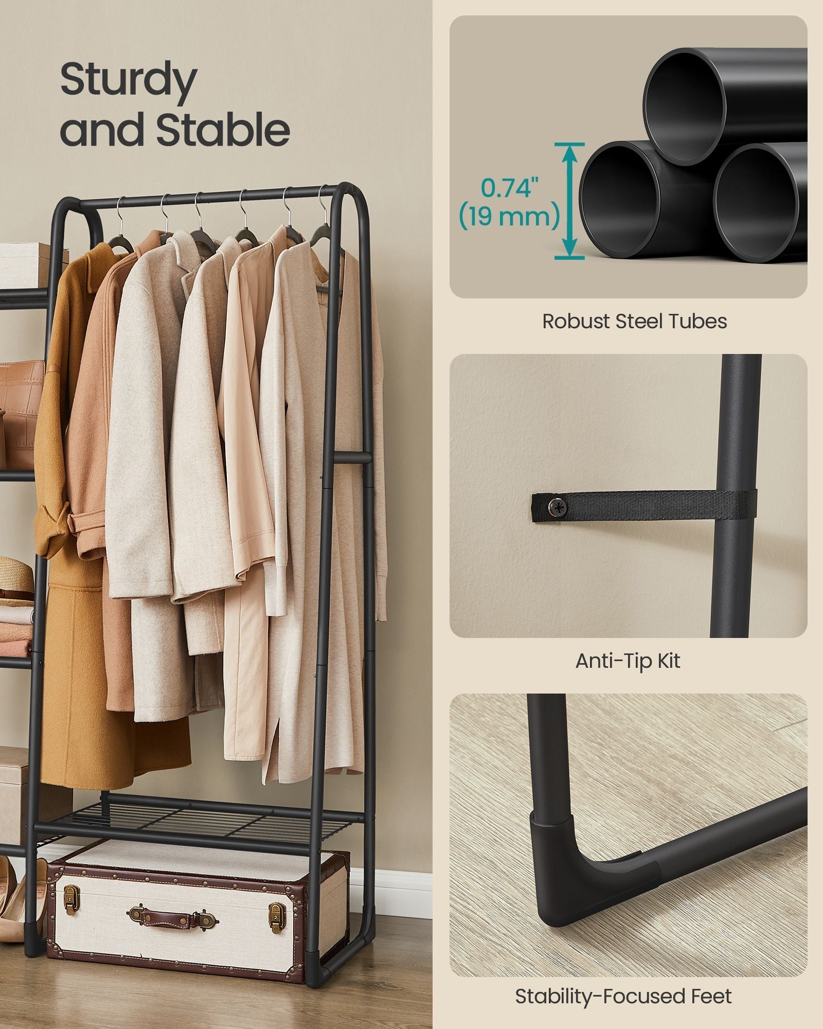 Freestanding Clothes Rack - 5 Storage Shelves - Metal - Matte Black