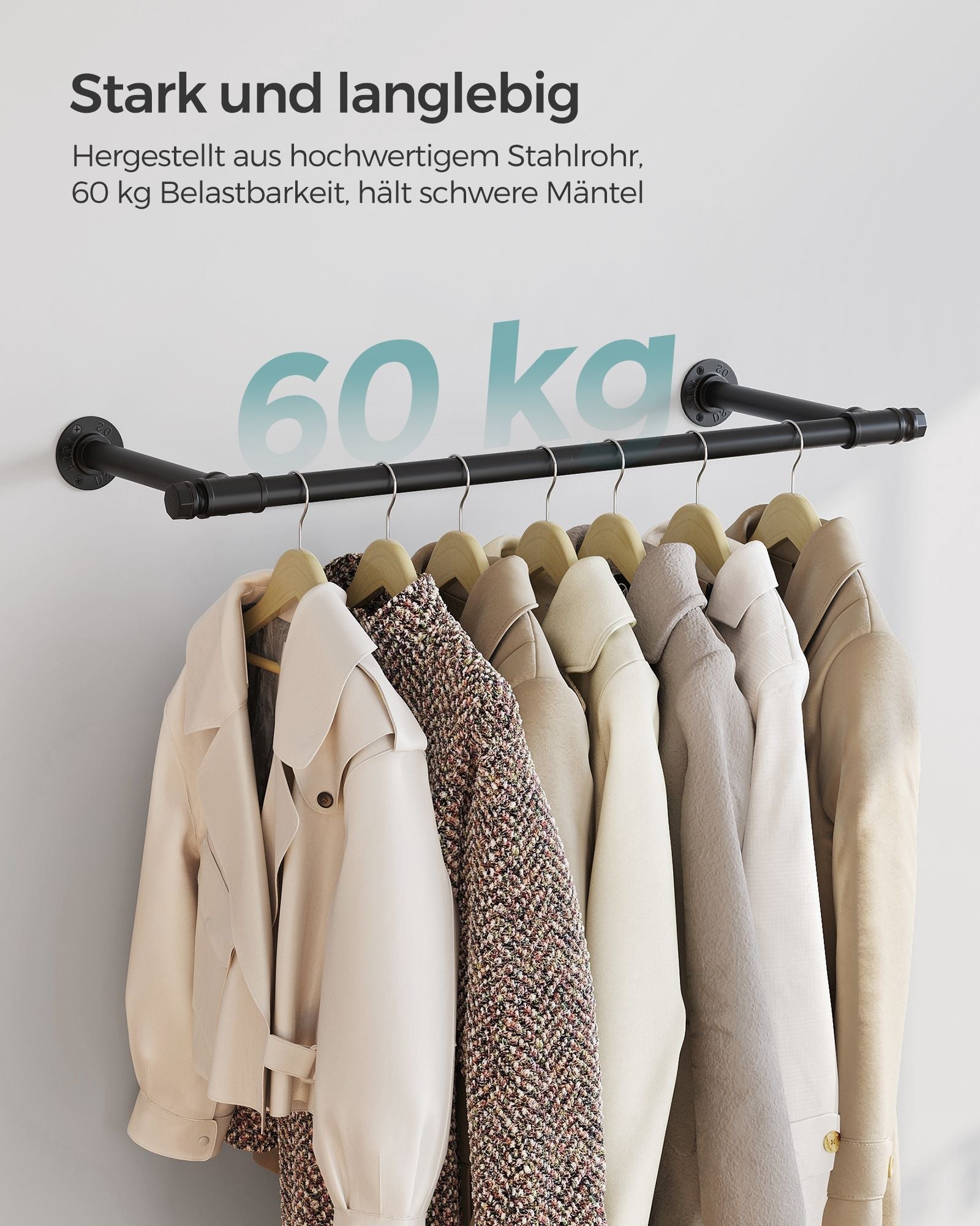 Wall-Mounted Clothes Rail - Steel - Black - 60 kg Load Capacity