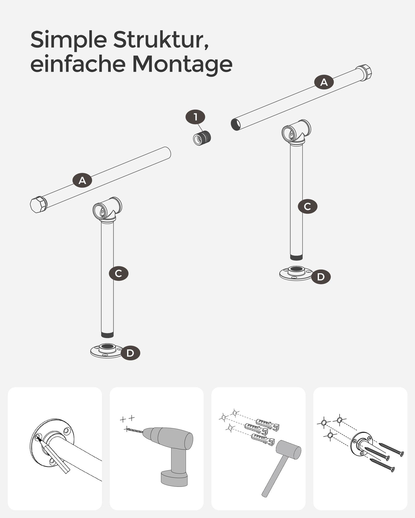 Wall-Mounted Clothes Rail - Steel - Black - 60 kg Load Capacity
