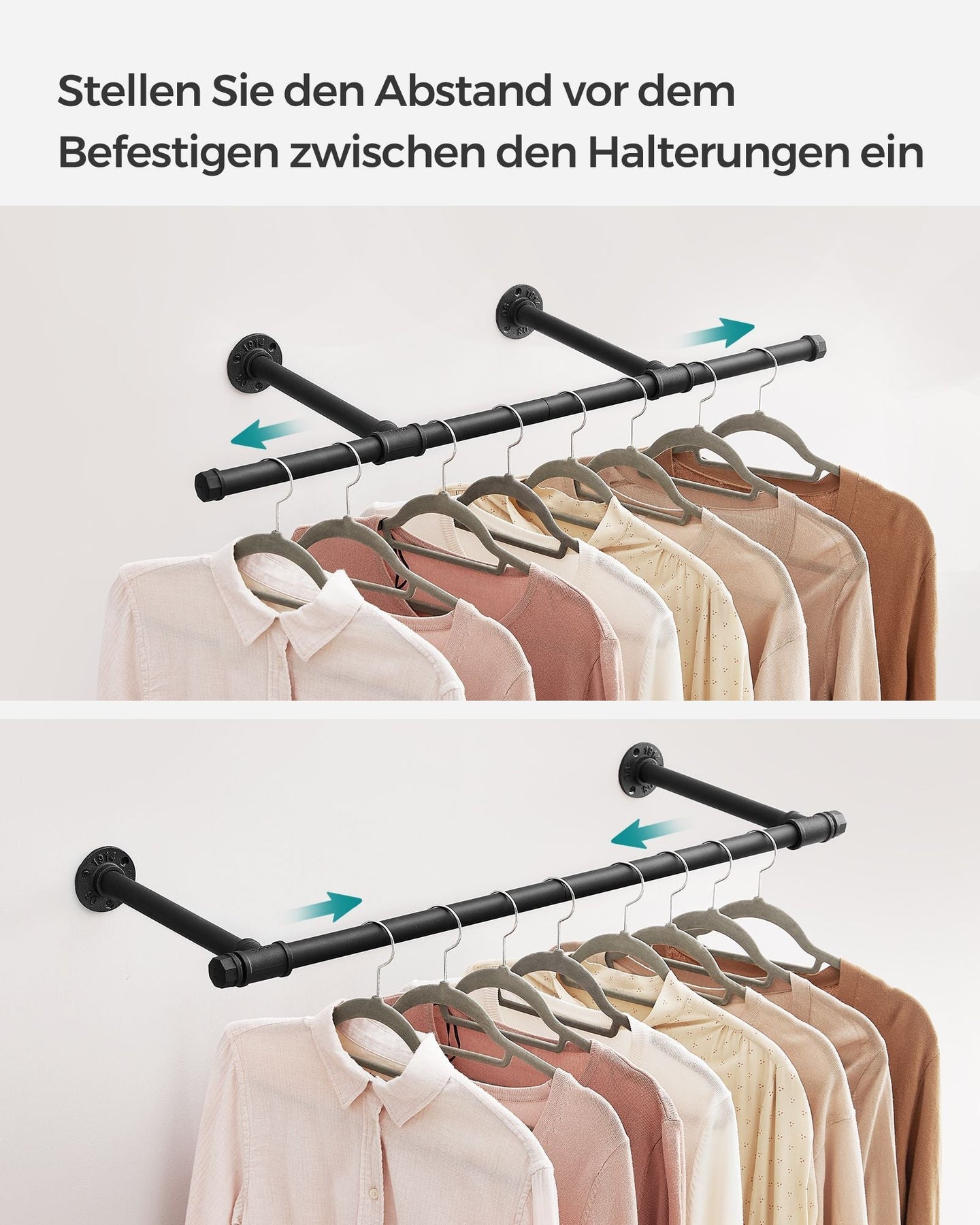Set of 2 Wall-Mounted Clothes Rails - Steel - Black - 60 kg Load Capacity