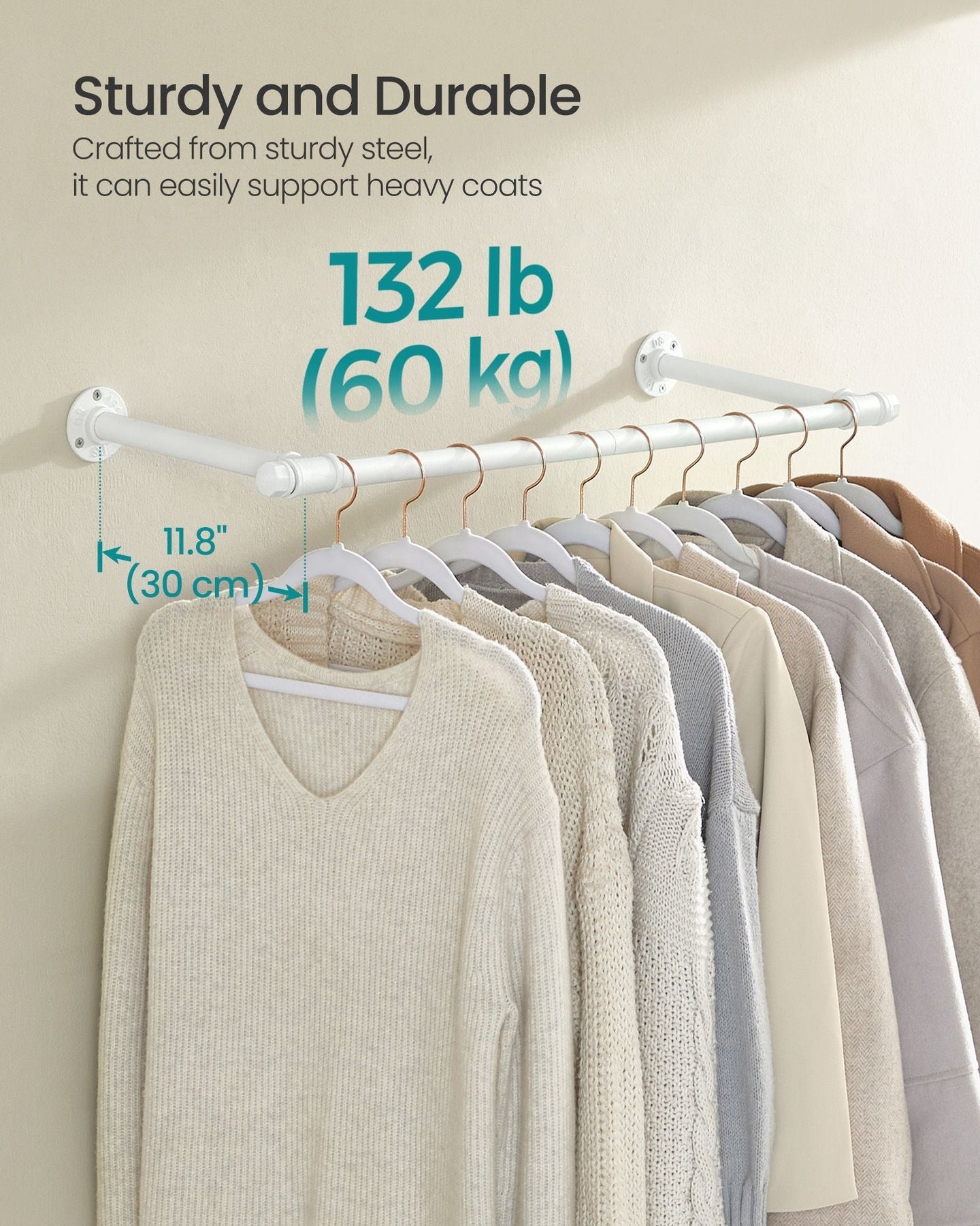 Set of 2 Wall-Mounted Clothes Rails - Steel - Cloud White