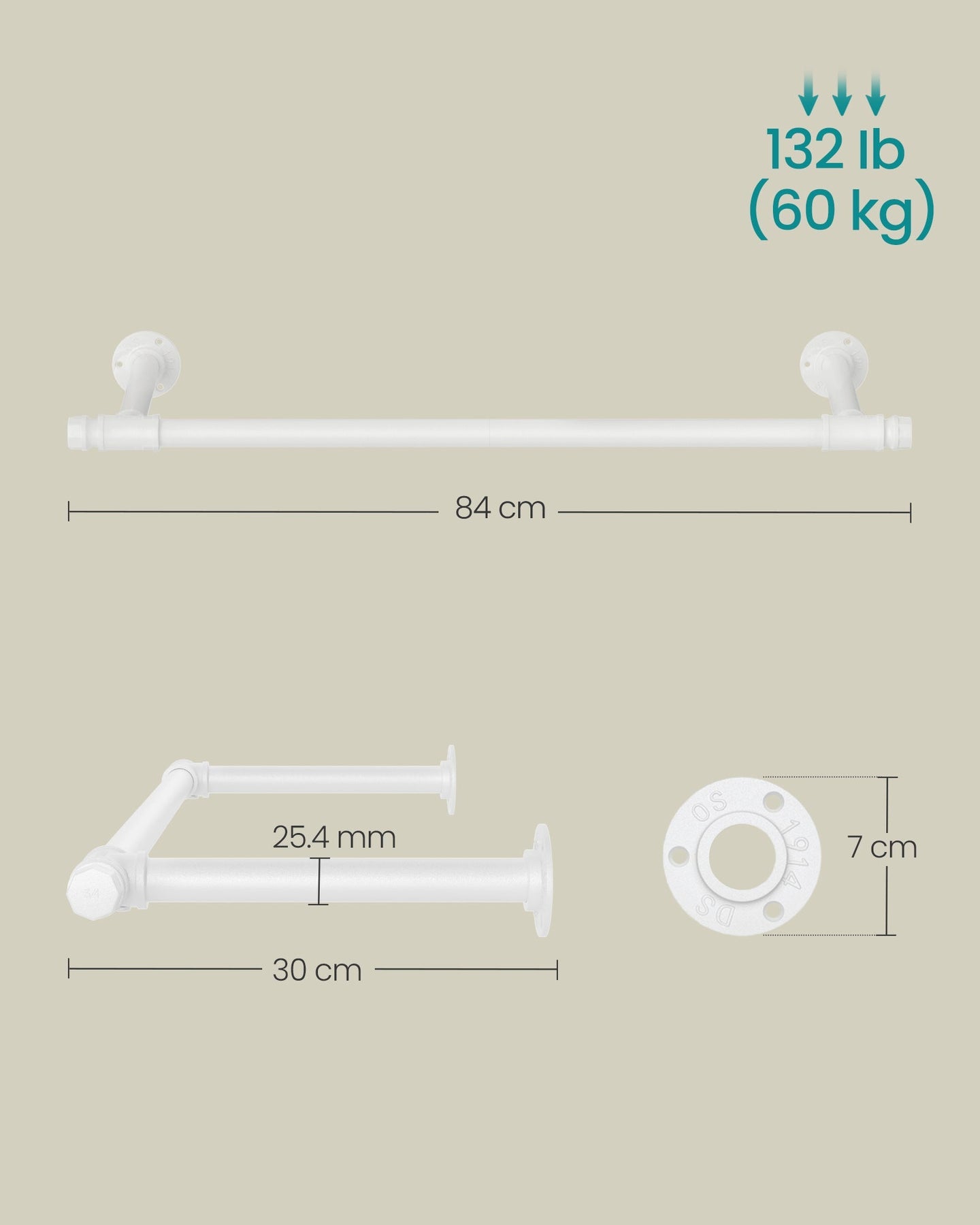 Set of 2 Wall-Mounted Clothes Rails - Steel - Cloud White