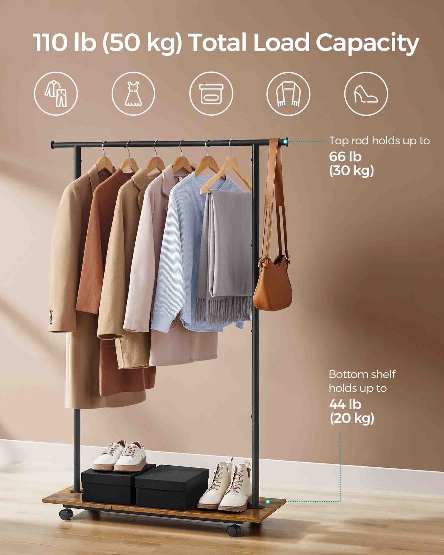 Portable Clothes Rack - Metal - Rustic Brown - with Storage Shelf and Wheels