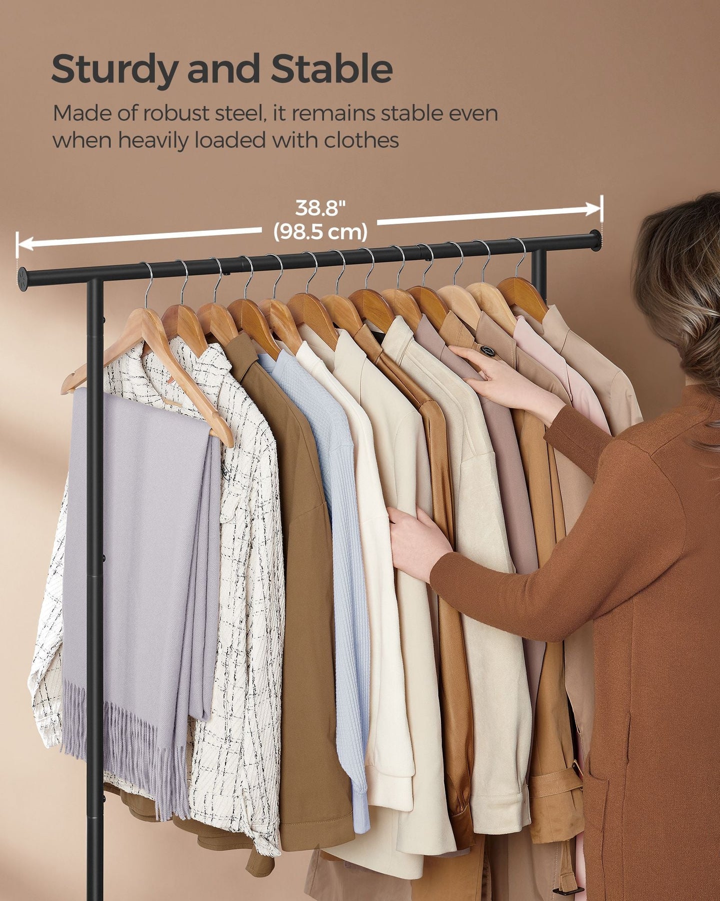 Portable Clothes Rack - Metal - Rustic Brown - with Storage Shelf and Wheels