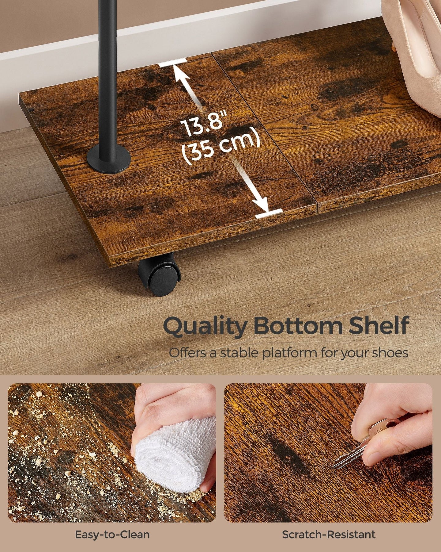 Portable Clothes Rack - Metal - Rustic Brown - with Storage Shelf and Wheels