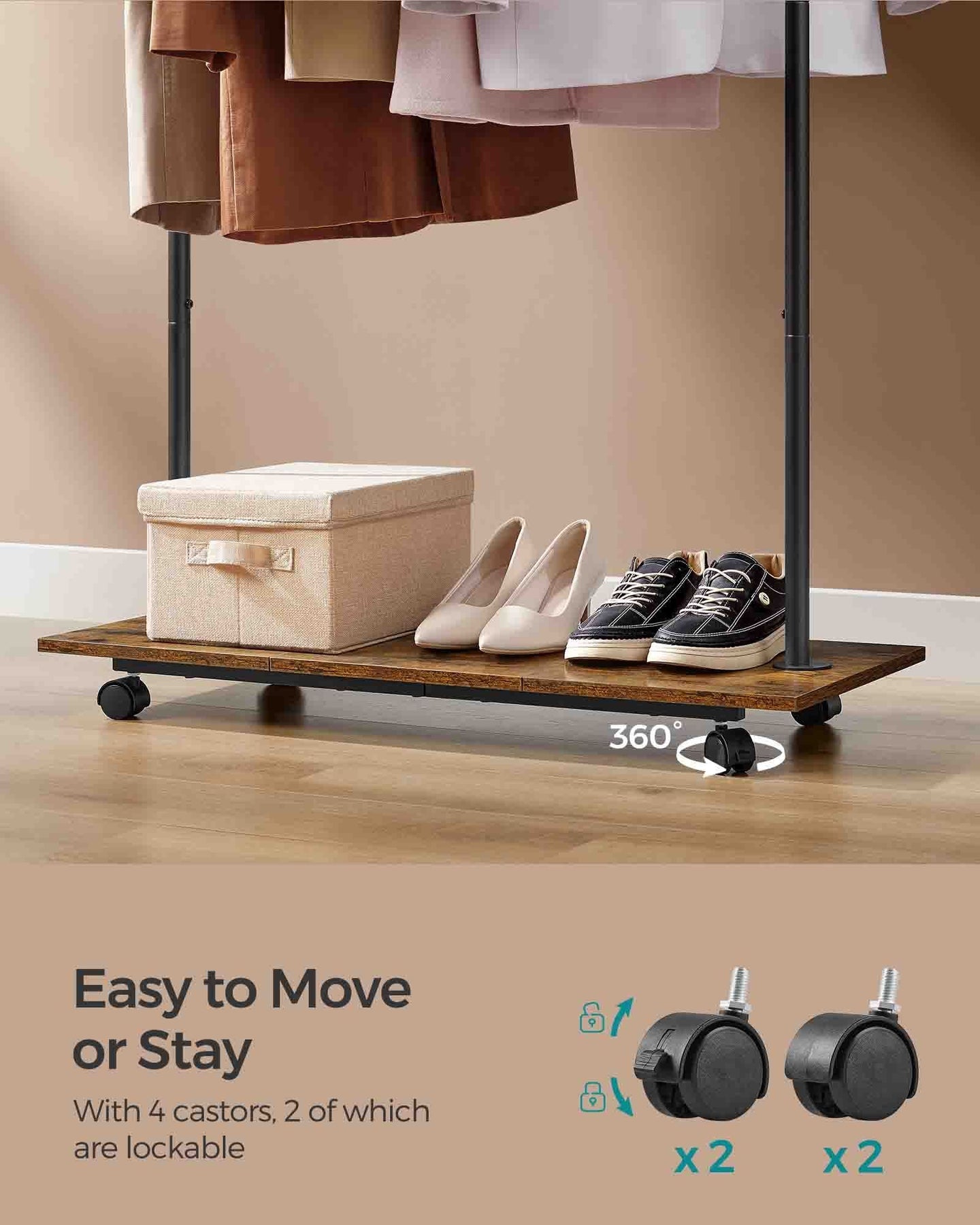 Portable Clothes Rack - Metal - Rustic Brown - with Storage Shelf and Wheels