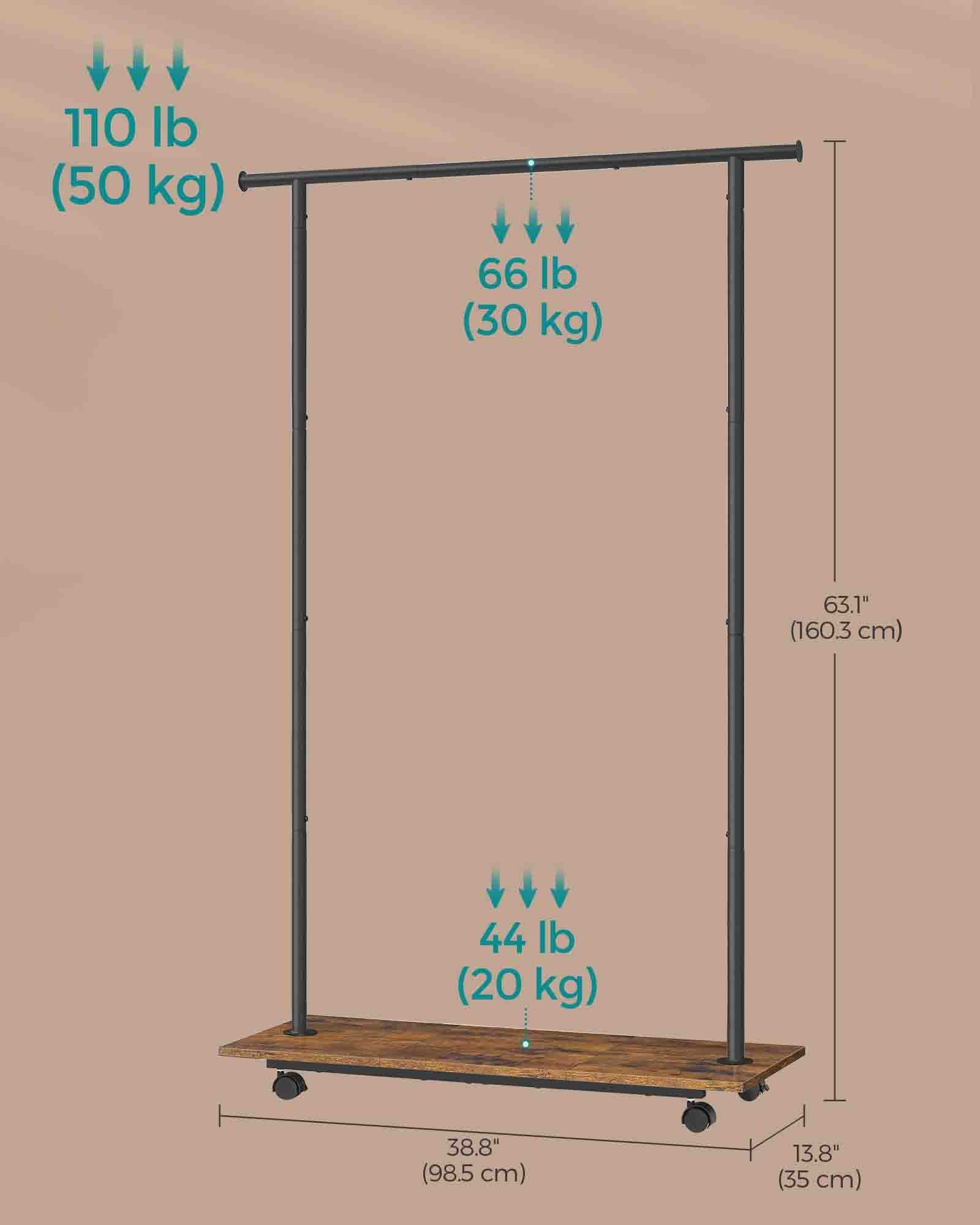 Portable Clothes Rack - Metal - Rustic Brown - with Storage Shelf and Wheels