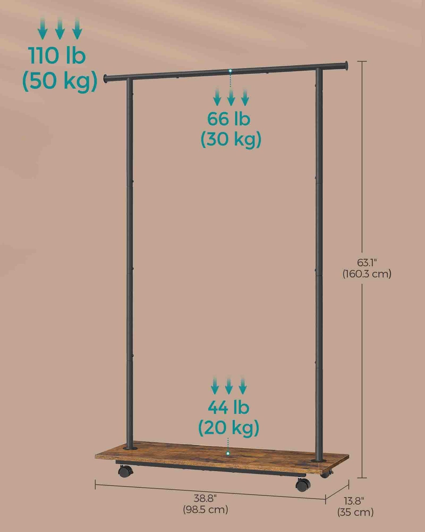 Portable Clothes Rack - Metal - Rustic Brown - with Storage Shelf and Wheels