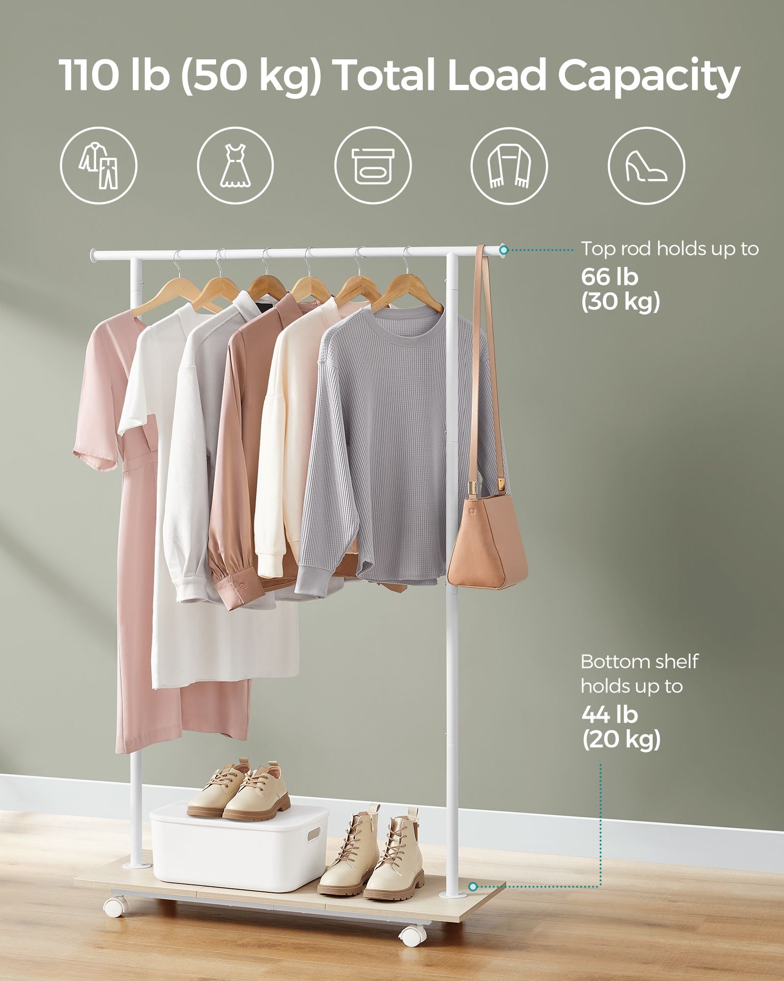 Portable Clothes Rack - Metal - Natural Beige - With Storage Shelf and Wheels