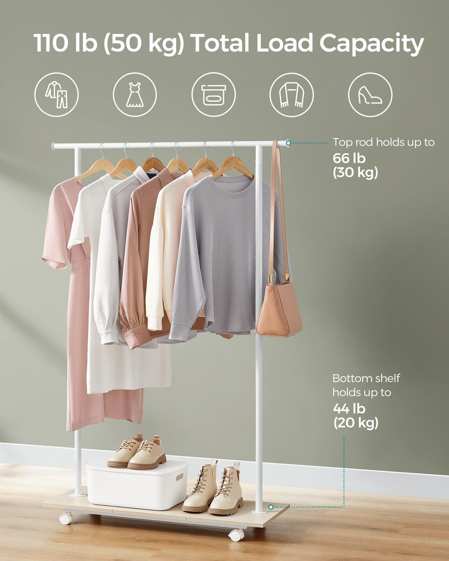 Portable Clothes Rack - Metal - Natural Beige - With Storage Shelf and Wheels