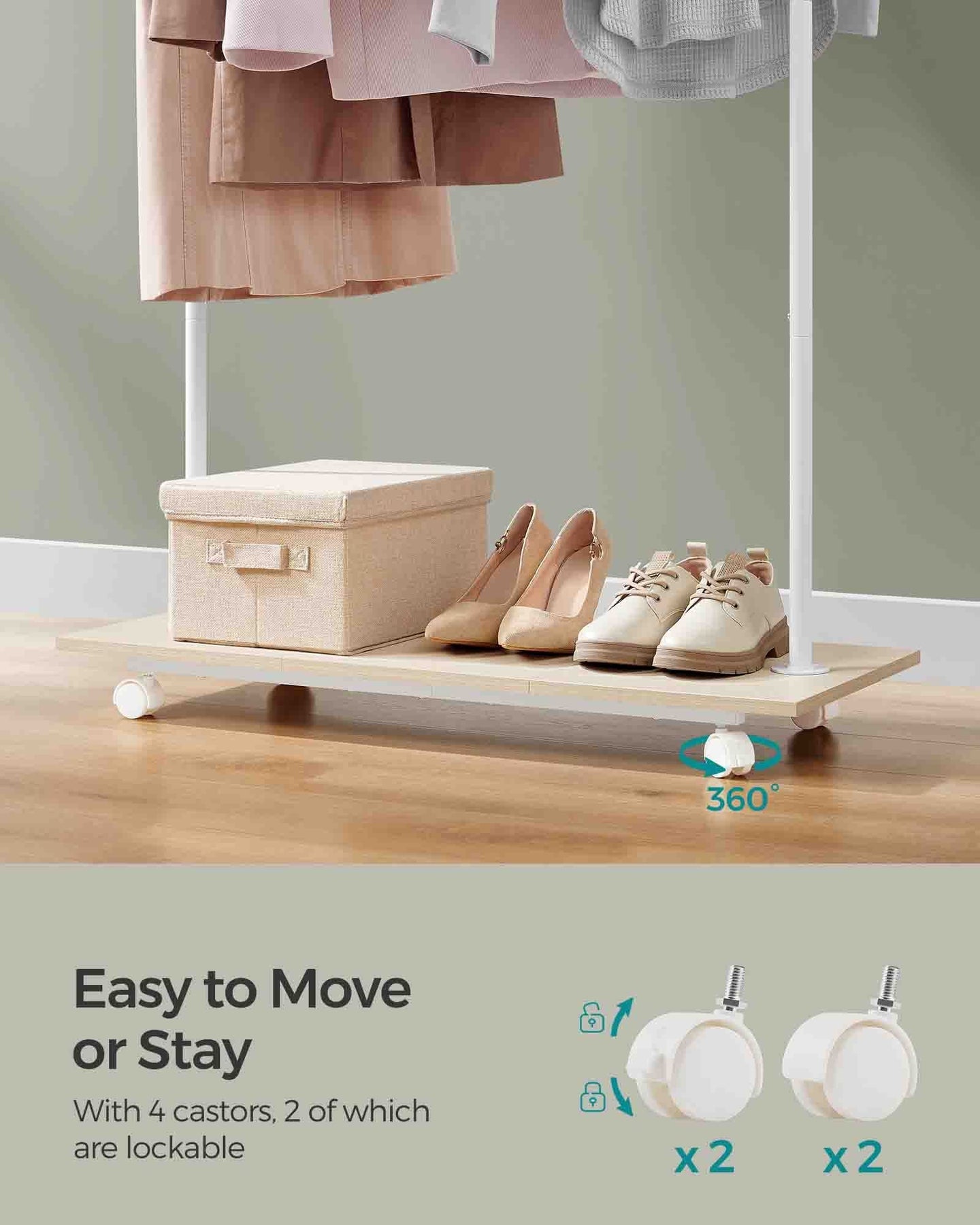 Portable Clothes Rack - Metal - Natural Beige - With Storage Shelf and Wheels