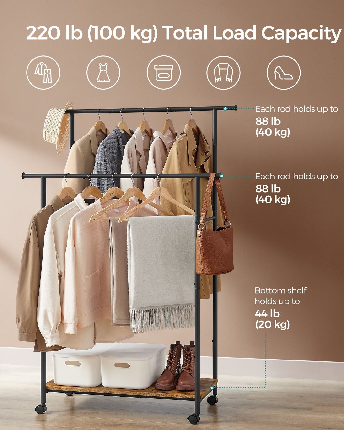 Double-Rod Clothes Rack - Metal - Rustic Brown - Portable with Storage Shelf
