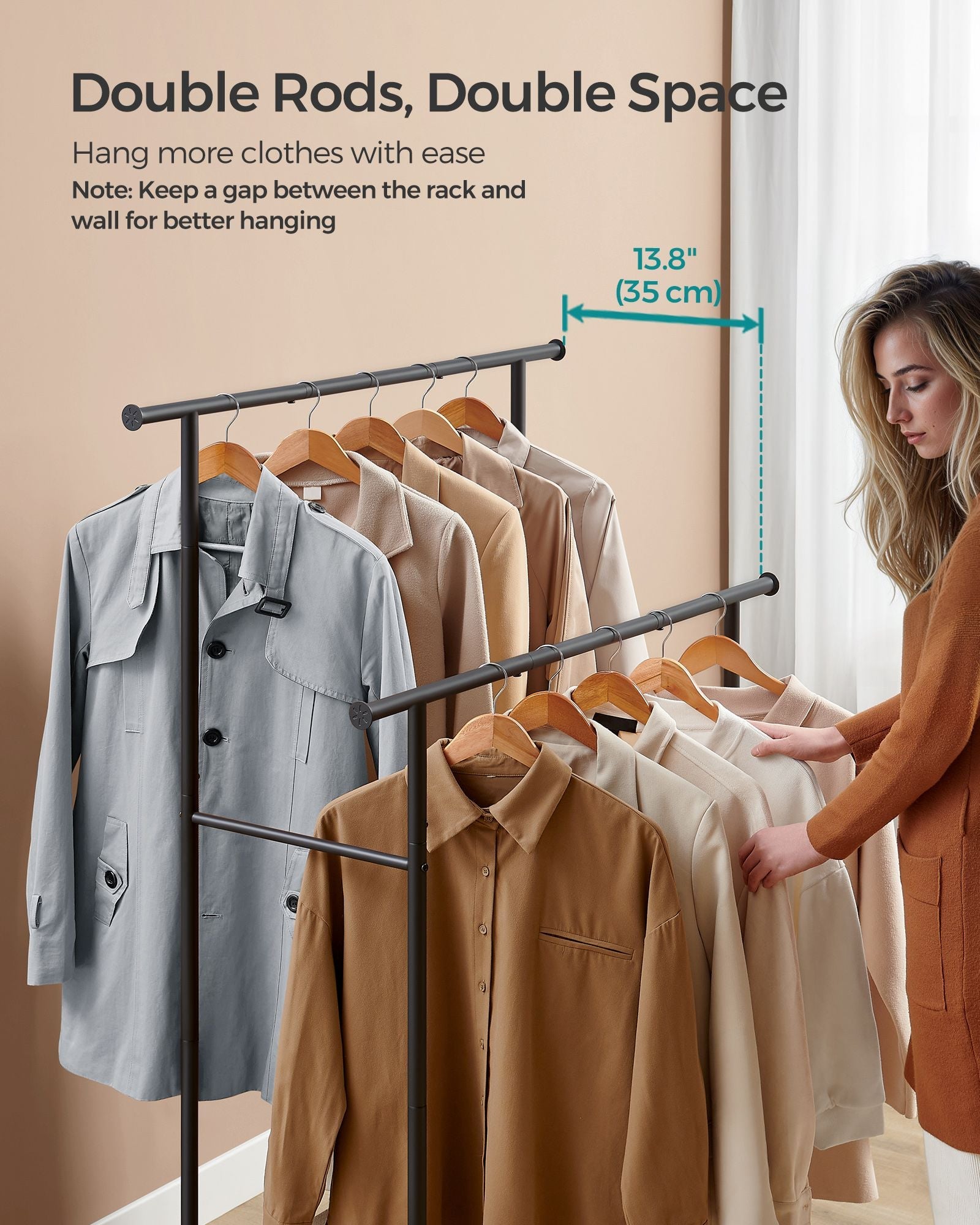 Double-Rod Clothes Rack - Metal - Rustic Brown - Portable with Storage Shelf