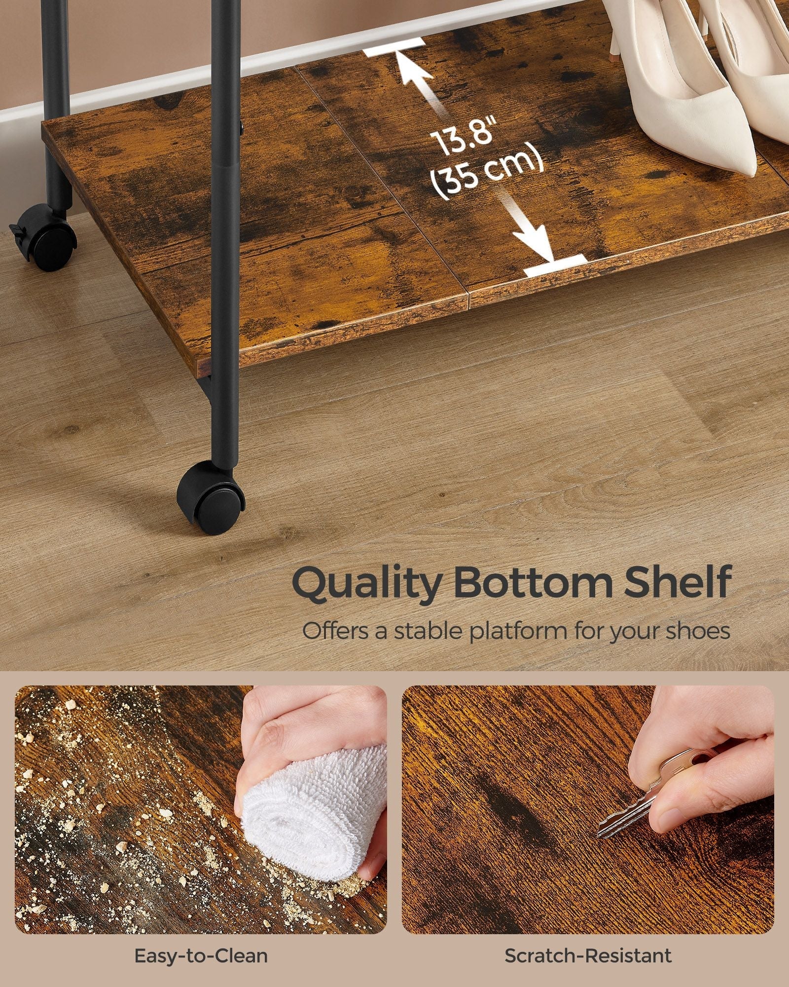 Double-Rod Clothes Rack - Metal - Rustic Brown - Portable with Storage Shelf