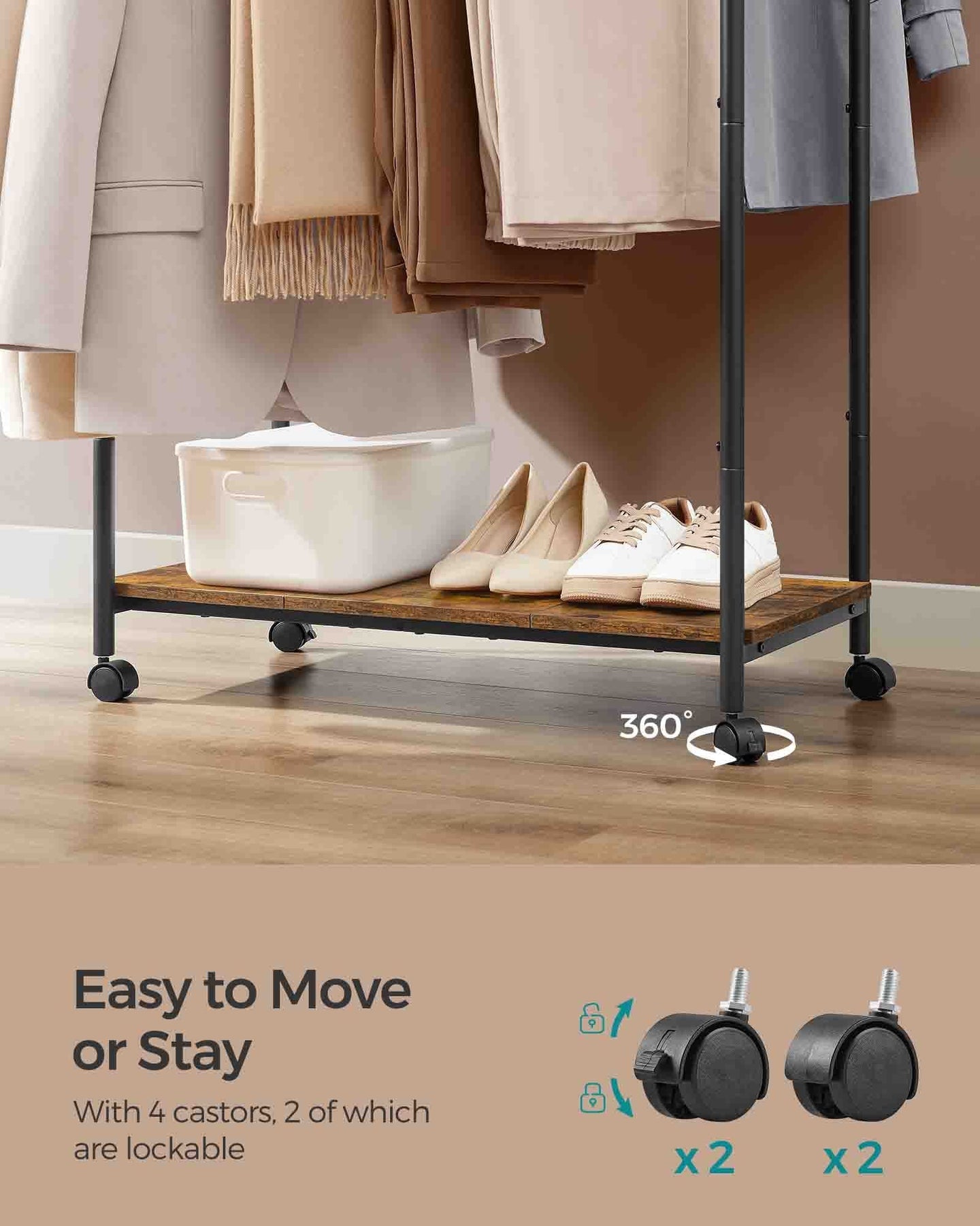 Double-Rod Clothes Rack - Metal - Rustic Brown - Portable with Storage Shelf