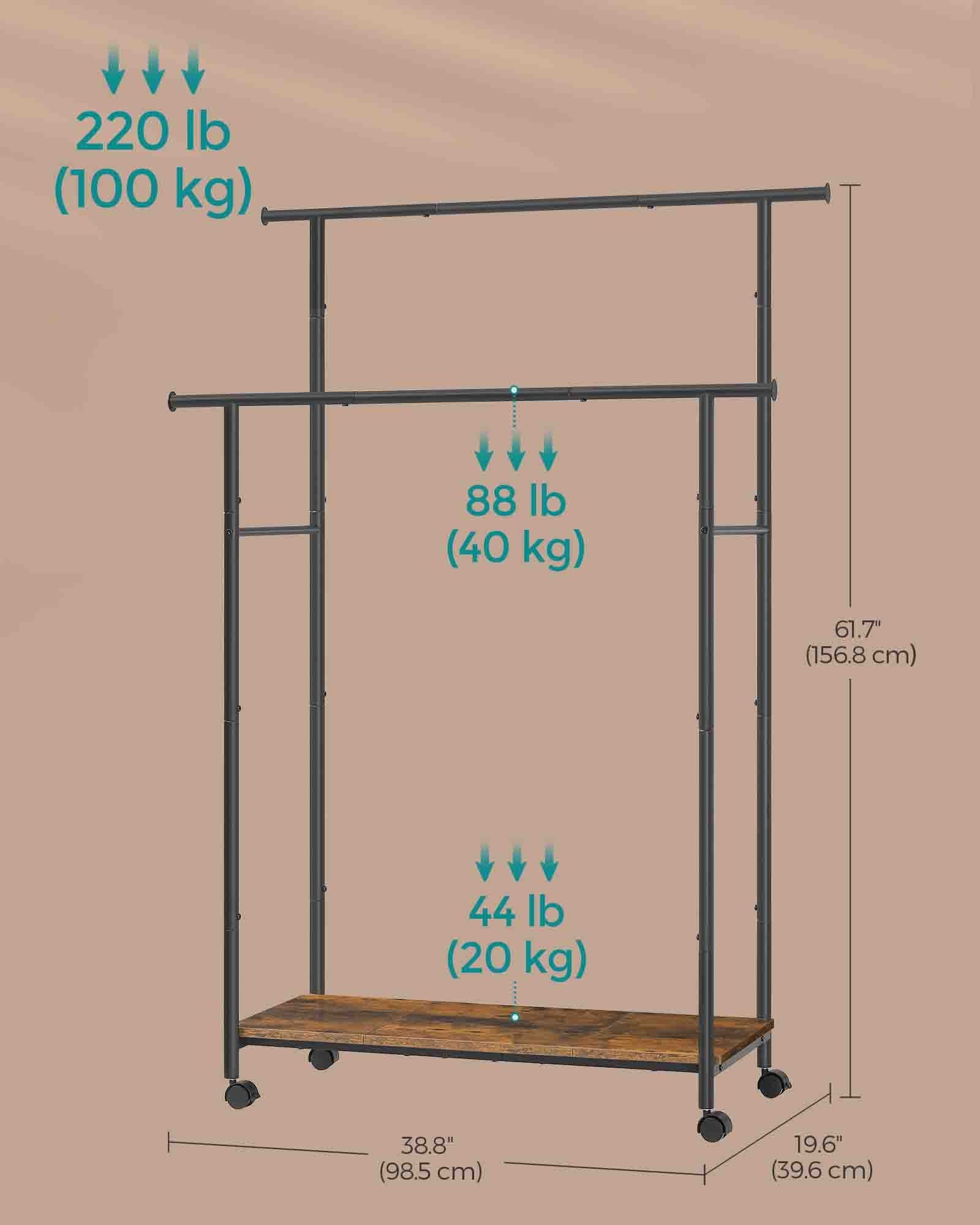 Double-Rod Clothes Rack - Metal - Rustic Brown - Portable with Storage Shelf