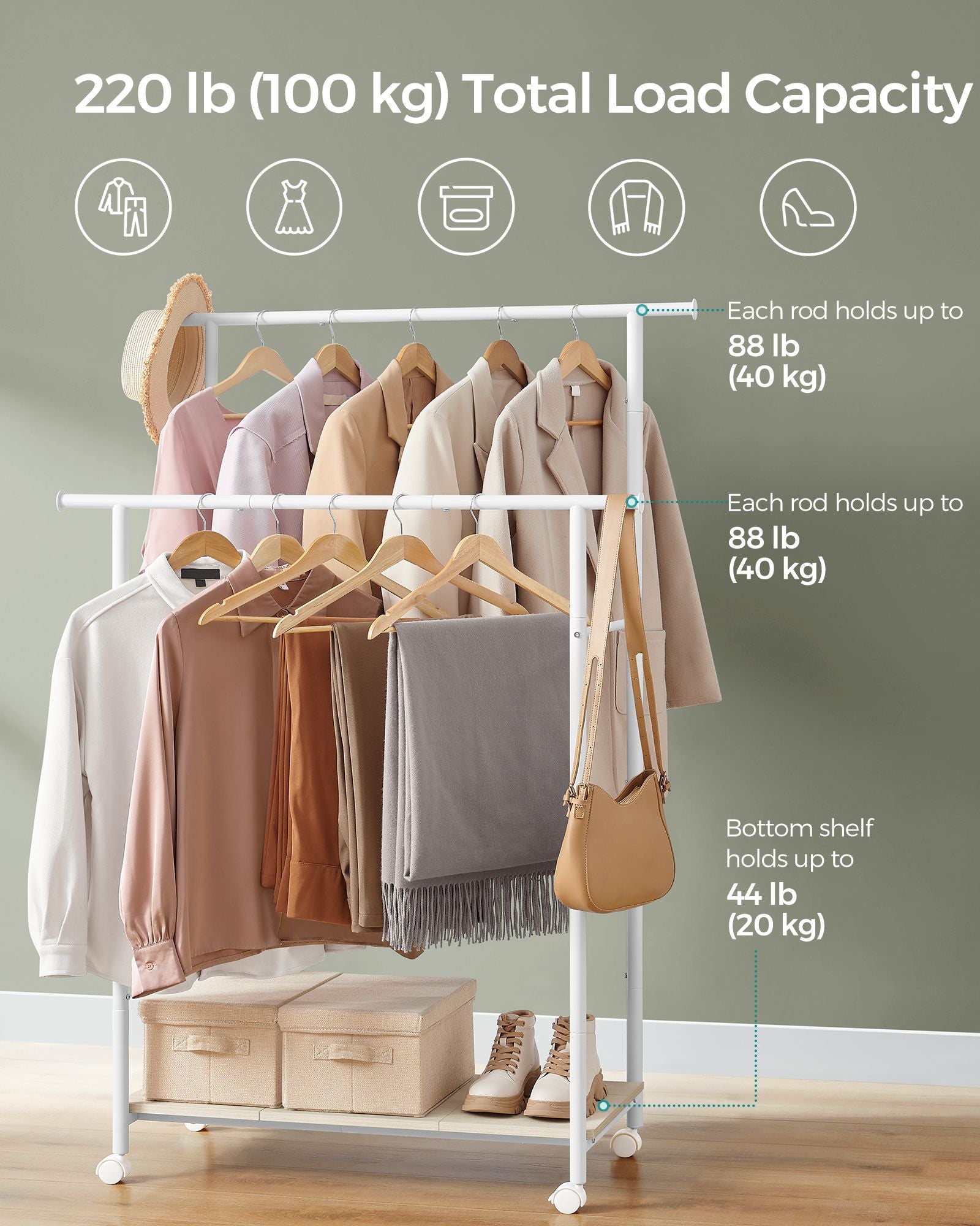 Double-Rod Clothes Rack - Metal - Cloud White - Portable with Storage Shelf