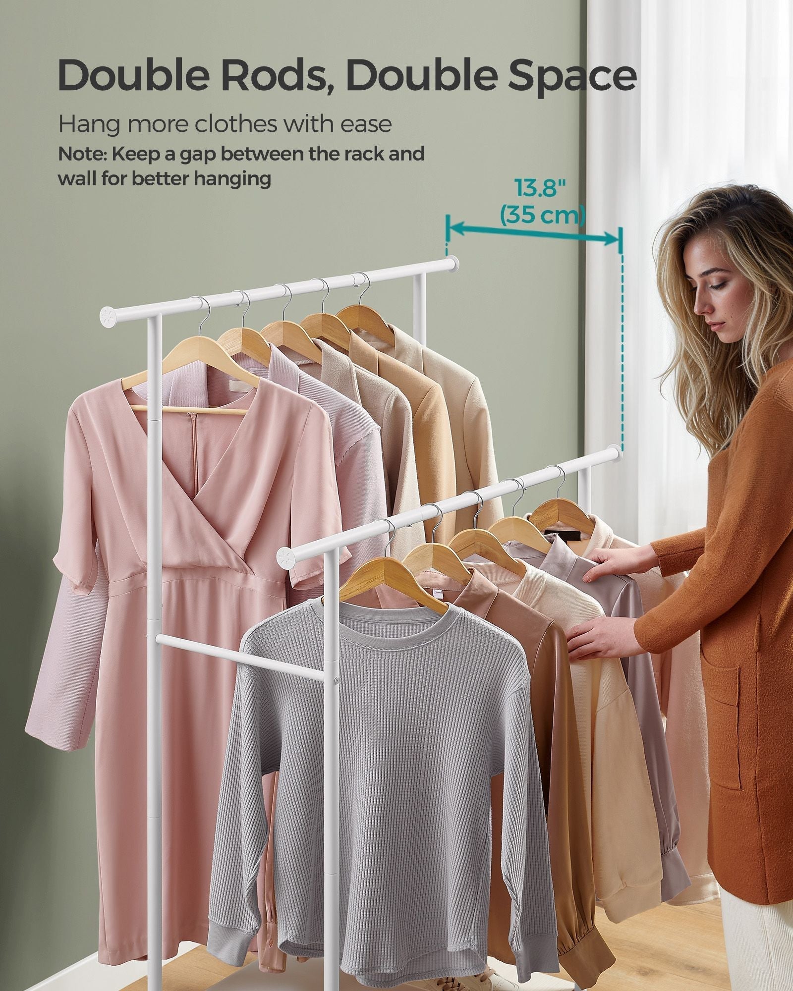Double-Rod Clothes Rack - Metal - Cloud White - Portable with Storage Shelf
