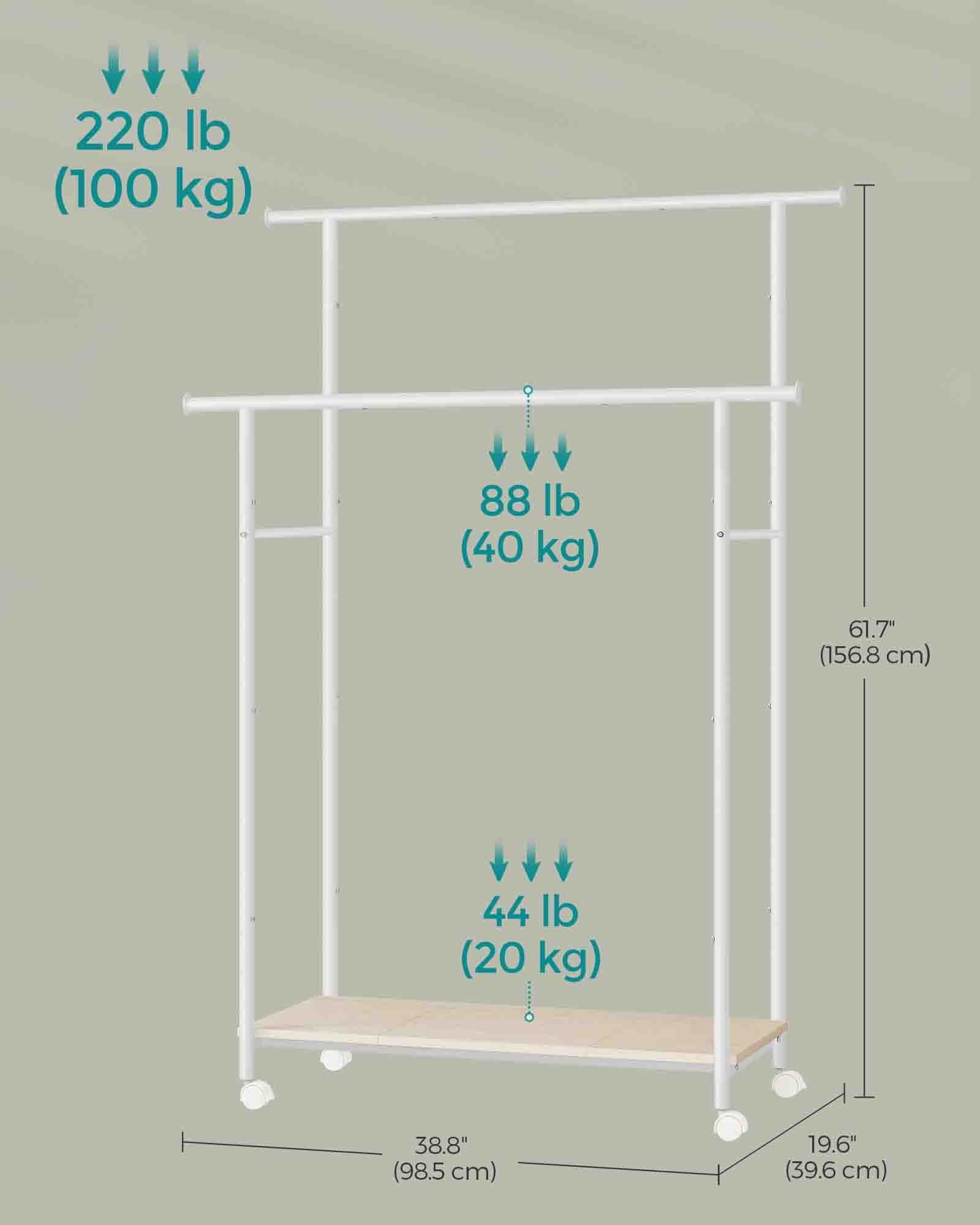 Double-Rod Clothes Rack - Metal - Cloud White - Portable with Storage Shelf