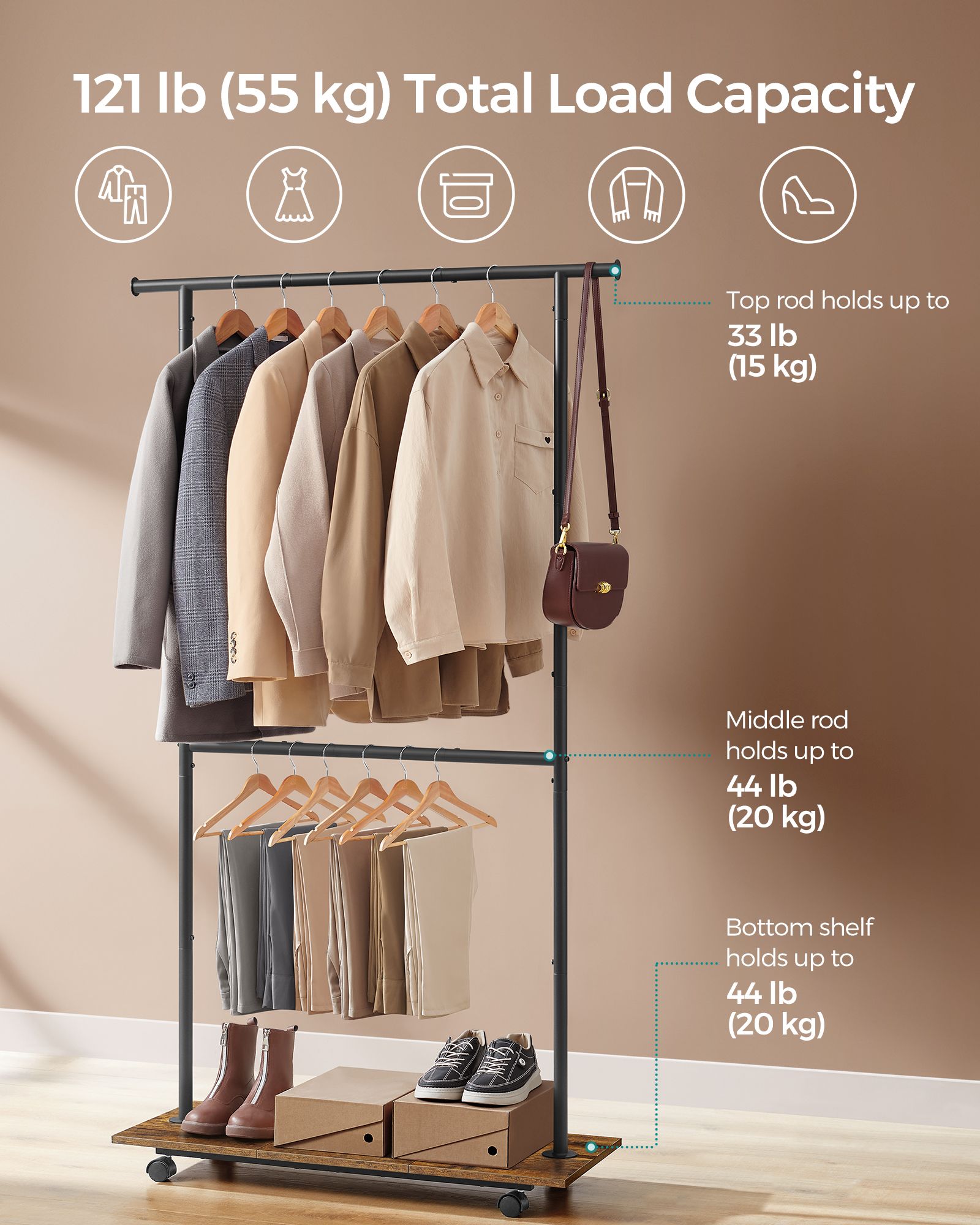 Portable Clothes Rack - Metal - Rustic Brown - Height-Adjustable with Storage Shelf and Wheels