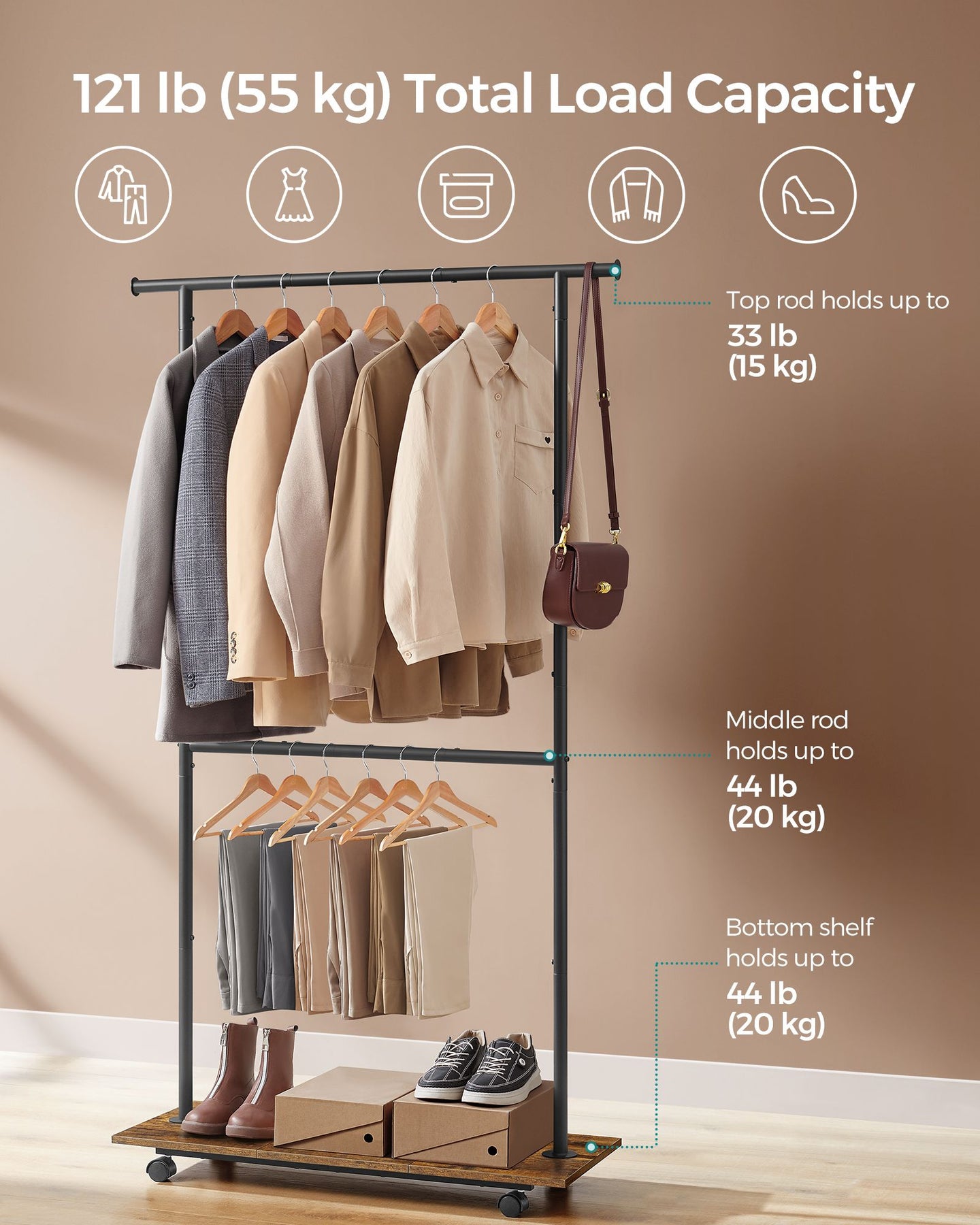 Portable Clothes Rack - Metal - Rustic Brown - Height-Adjustable with Storage Shelf and Wheels