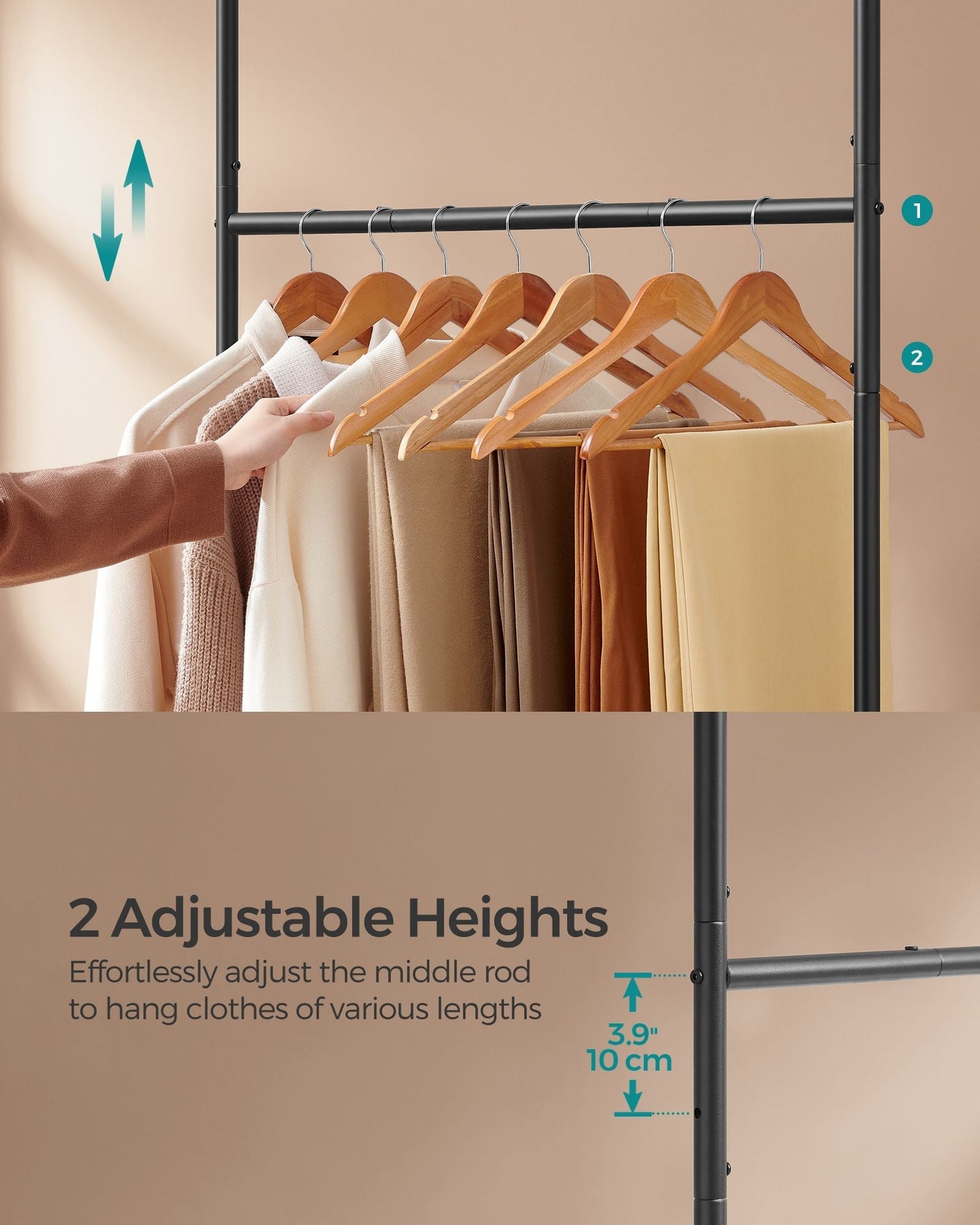 Portable Clothes Rack - Metal - Rustic Brown - Height-Adjustable with Storage Shelf and Wheels