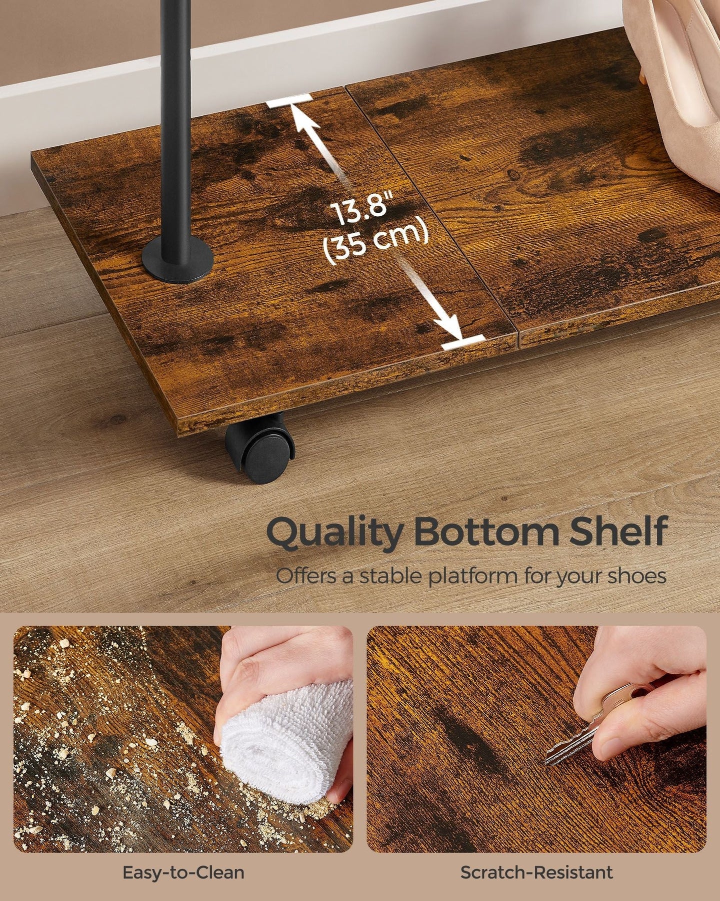 Portable Clothes Rack - Metal - Rustic Brown - Height-Adjustable with Storage Shelf and Wheels