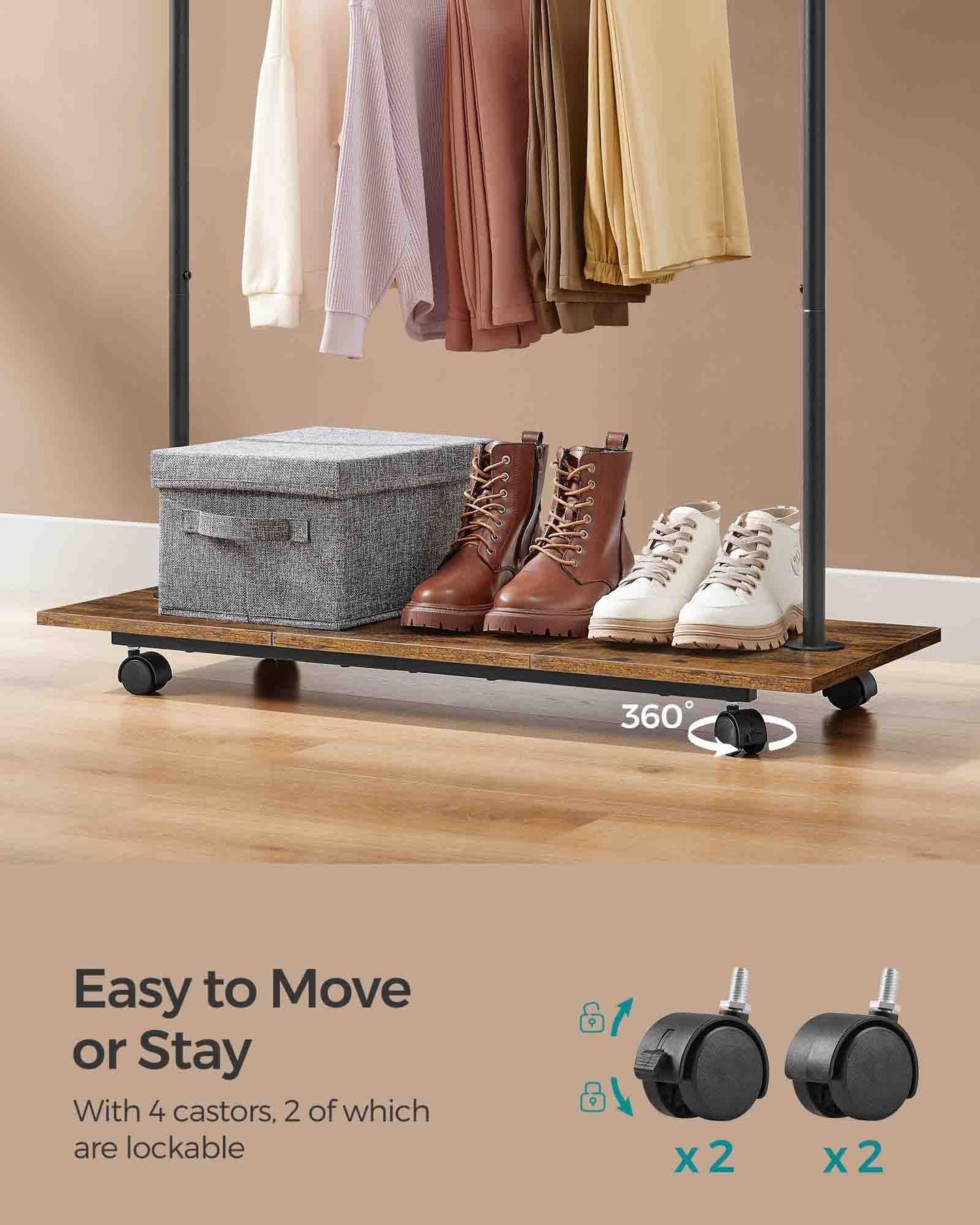 Portable Clothes Rack - Metal - Rustic Brown - Height-Adjustable with Storage Shelf and Wheels