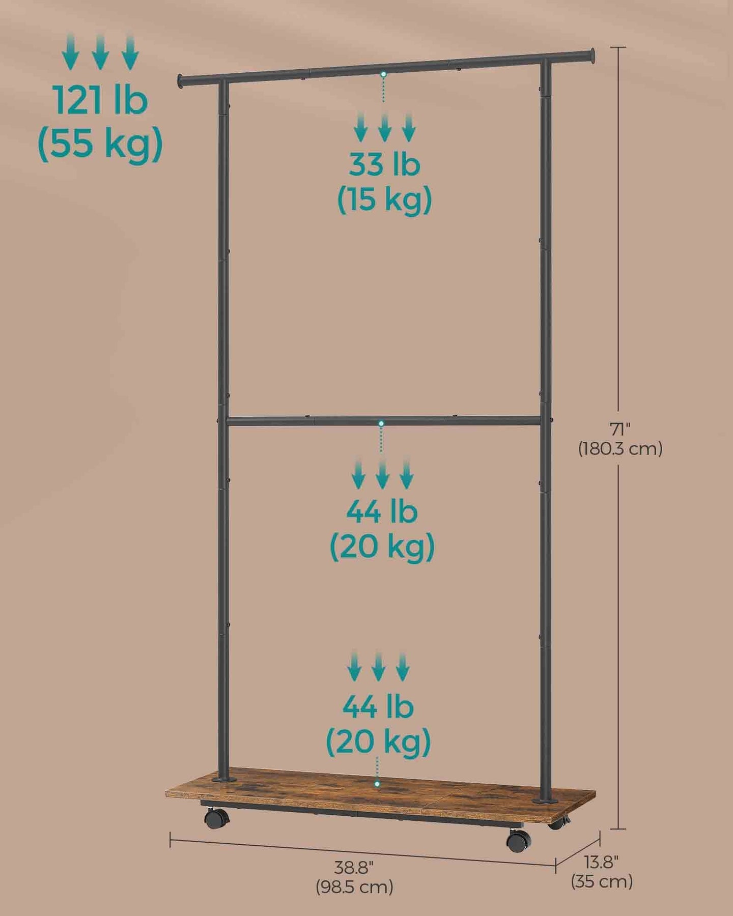 Portable Clothes Rack - Metal - Rustic Brown - Height-Adjustable with Storage Shelf and Wheels