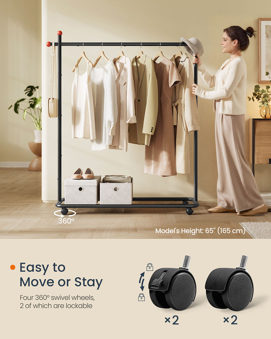 Portable Clothes Rack - Metal - Ink Black - Features 1 Clothes Hanging Rail and Matchstick-Shaped Hooks