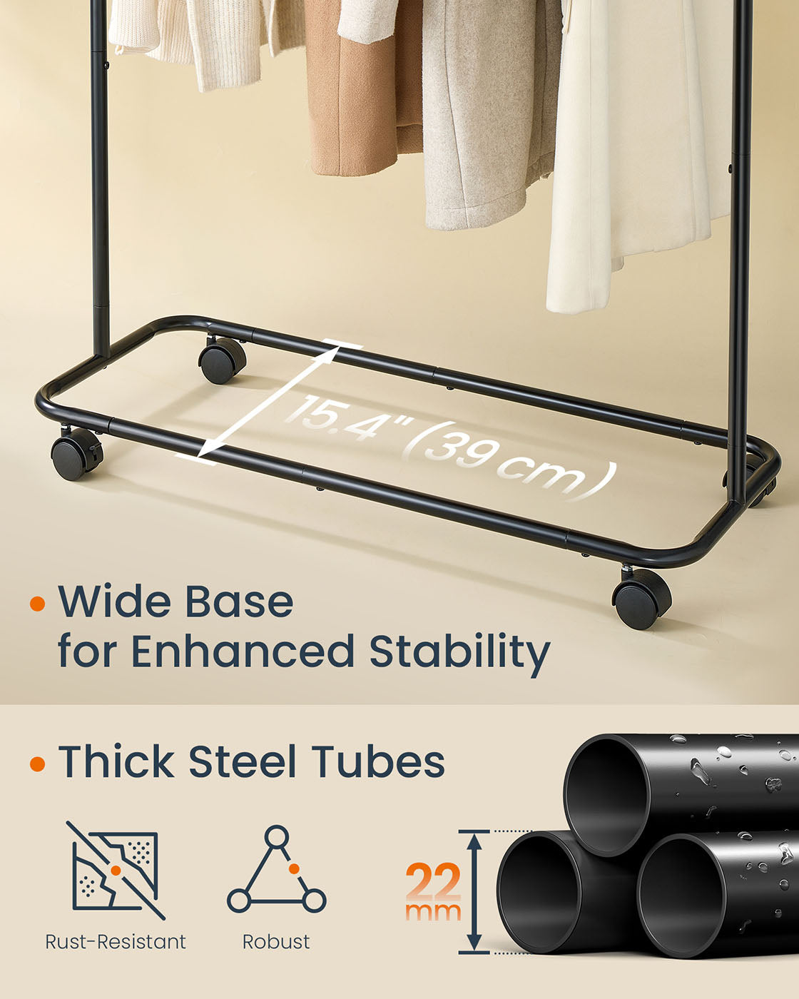 Portable Clothes Rack - Metal - Ink Black - Features 1 Clothes Hanging Rail and Matchstick-Shaped Hooks