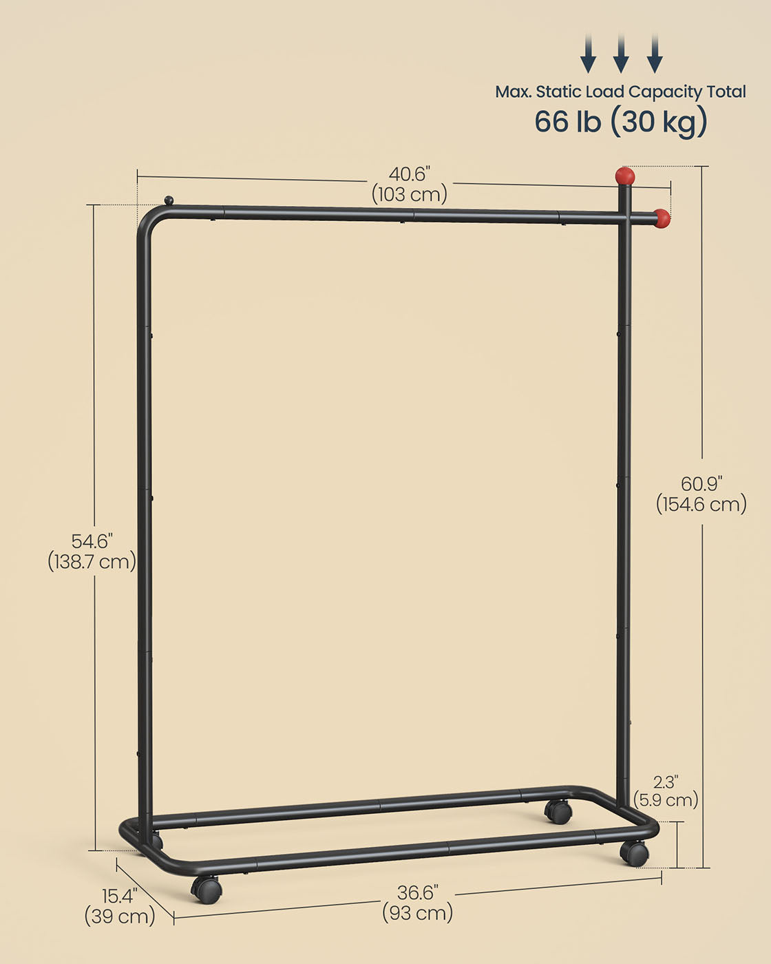 Portable Clothes Rack - Metal - Ink Black - Features 1 Clothes Hanging Rail and Matchstick-Shaped Hooks