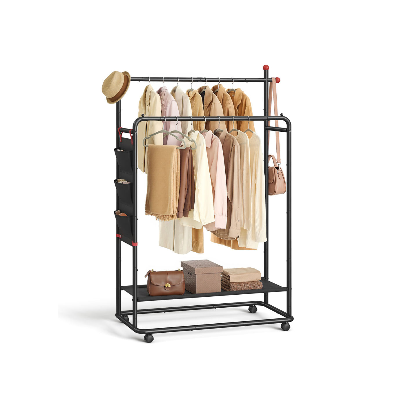 Portable Clothes Rail - Metal - Ink Black - Dual Hanging Rails with Fabric Shelf and Storage Bag