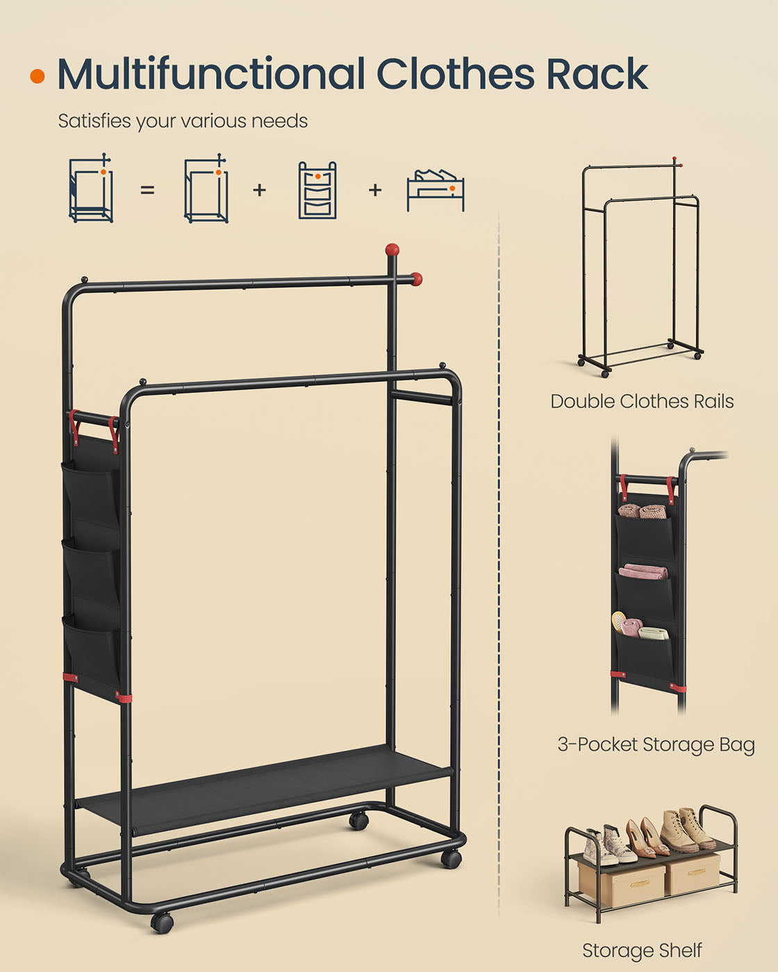 Portable Clothes Rail - Metal - Ink Black - Dual Hanging Rails with Fabric Shelf and Storage Bag