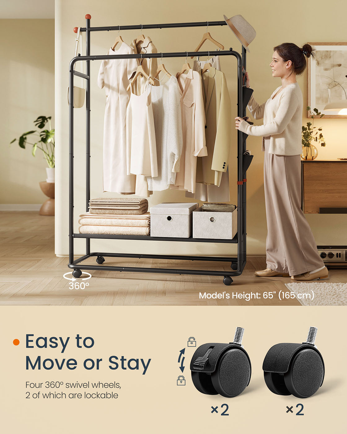 Portable Clothes Rail - Metal - Ink Black - Dual Hanging Rails with Fabric Shelf and Storage Bag