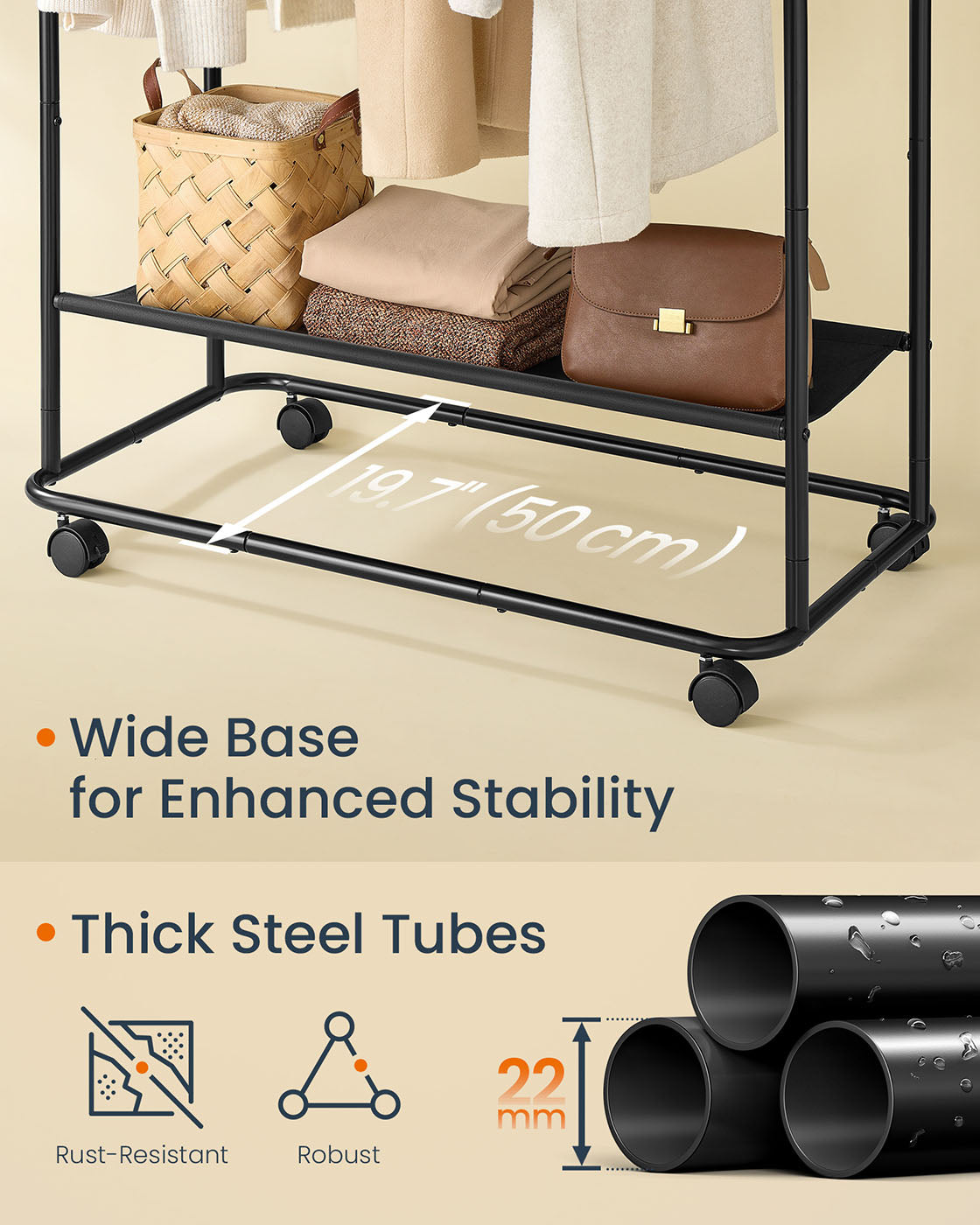 Portable Clothes Rail - Metal - Ink Black - Dual Hanging Rails with Fabric Shelf and Storage Bag