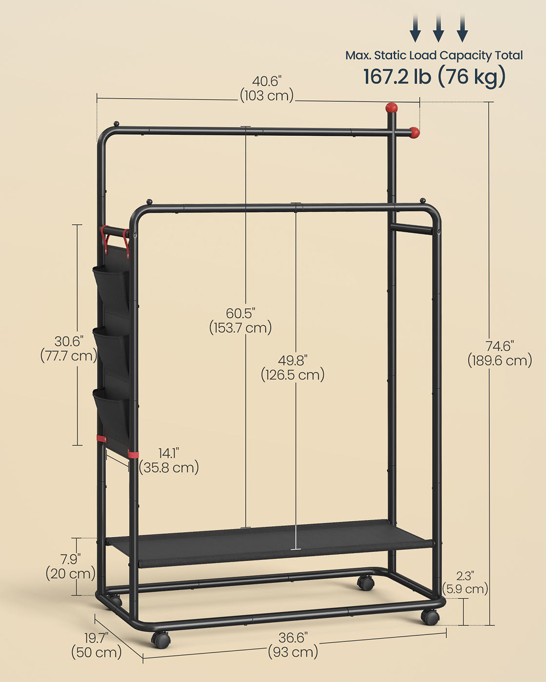Portable Clothes Rail - Metal - Ink Black - Dual Hanging Rails with Fabric Shelf and Storage Bag