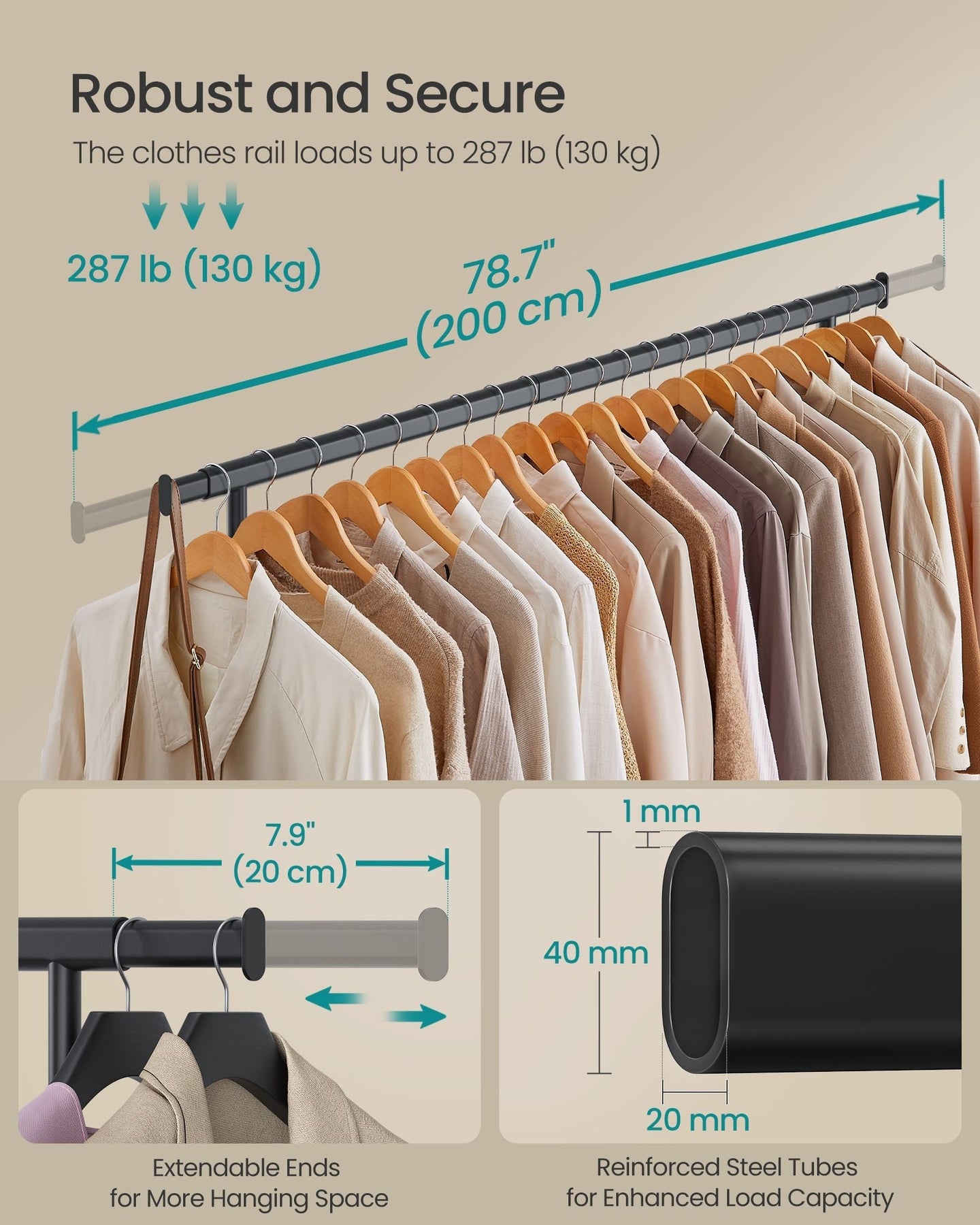 Heavy Duty Portable Clothes Rack - Metal - Black - Extendable Rail up to 150 kg Capacity