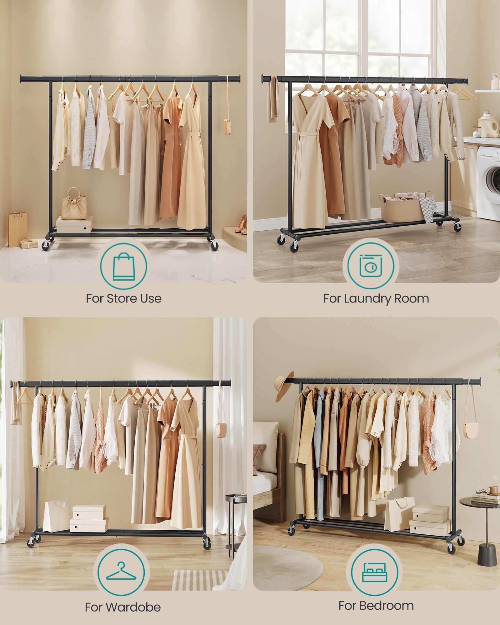 Heavy Duty Portable Clothes Rack - Metal - Black - Extendable Rail up to 150 kg Capacity