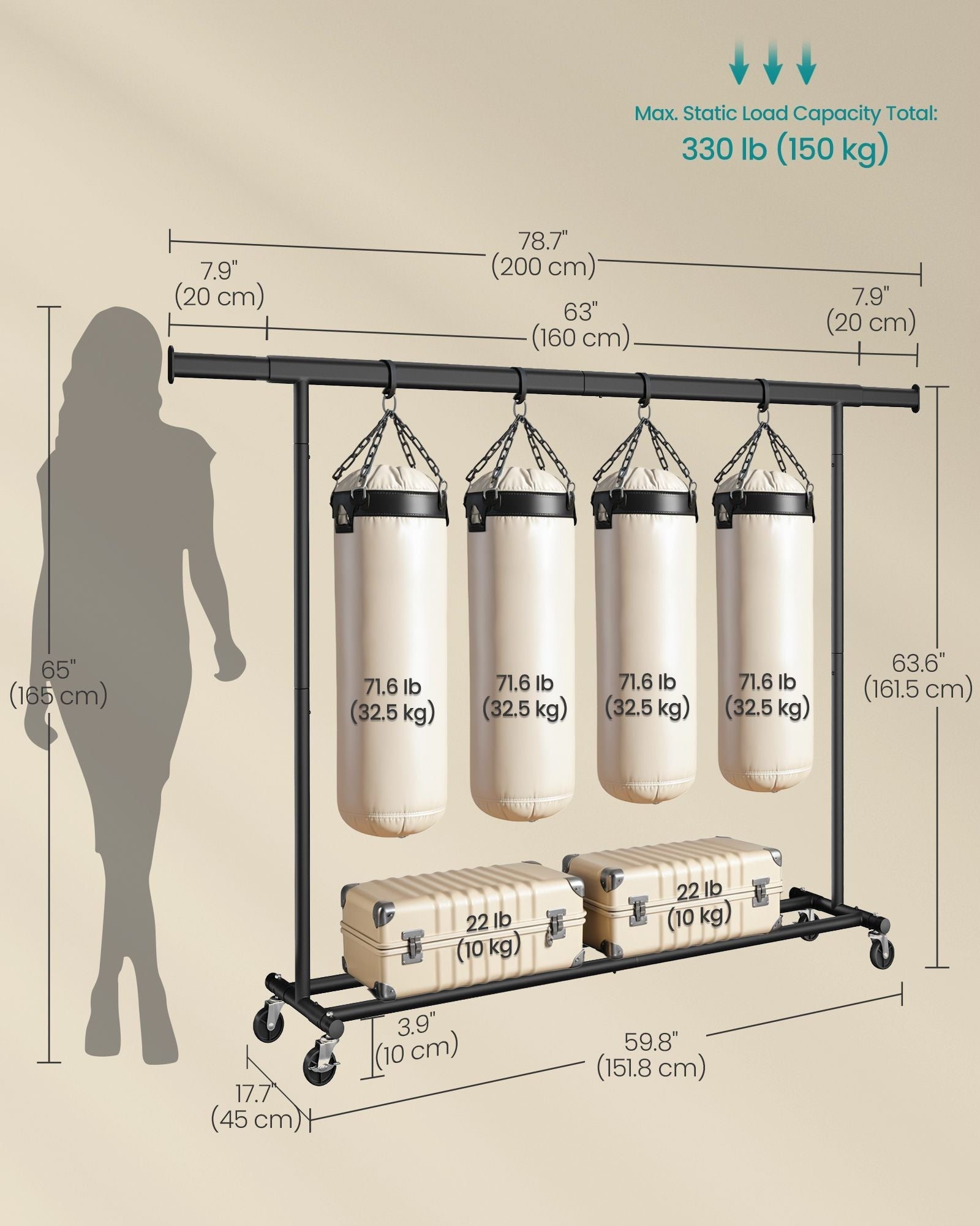 Heavy Duty Portable Clothes Rack - Metal - Black - Extendable Rail up to 150 kg Capacity