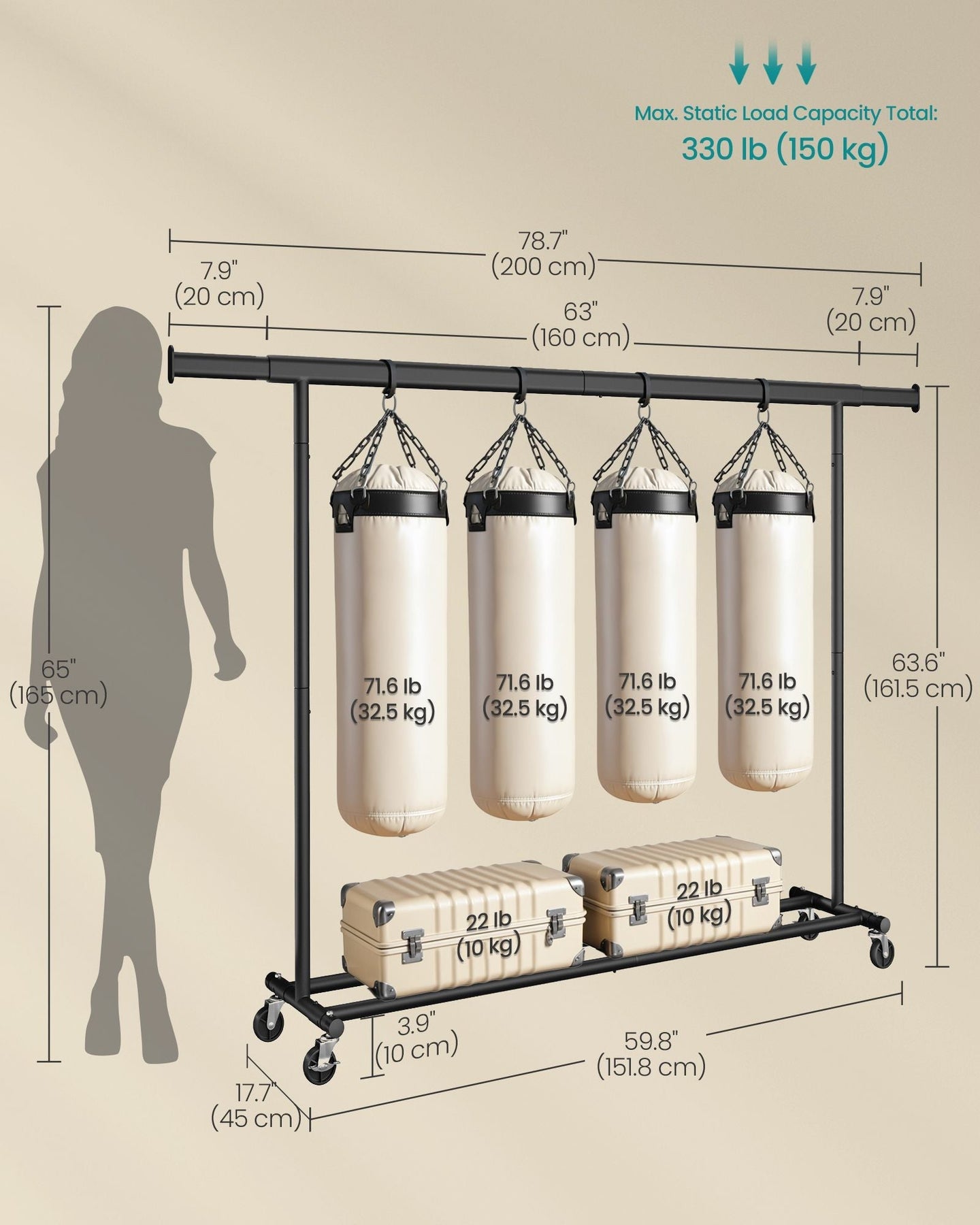 Heavy Duty Portable Clothes Rack - Metal - Black - Extendable Rail up to 150 kg Capacity
