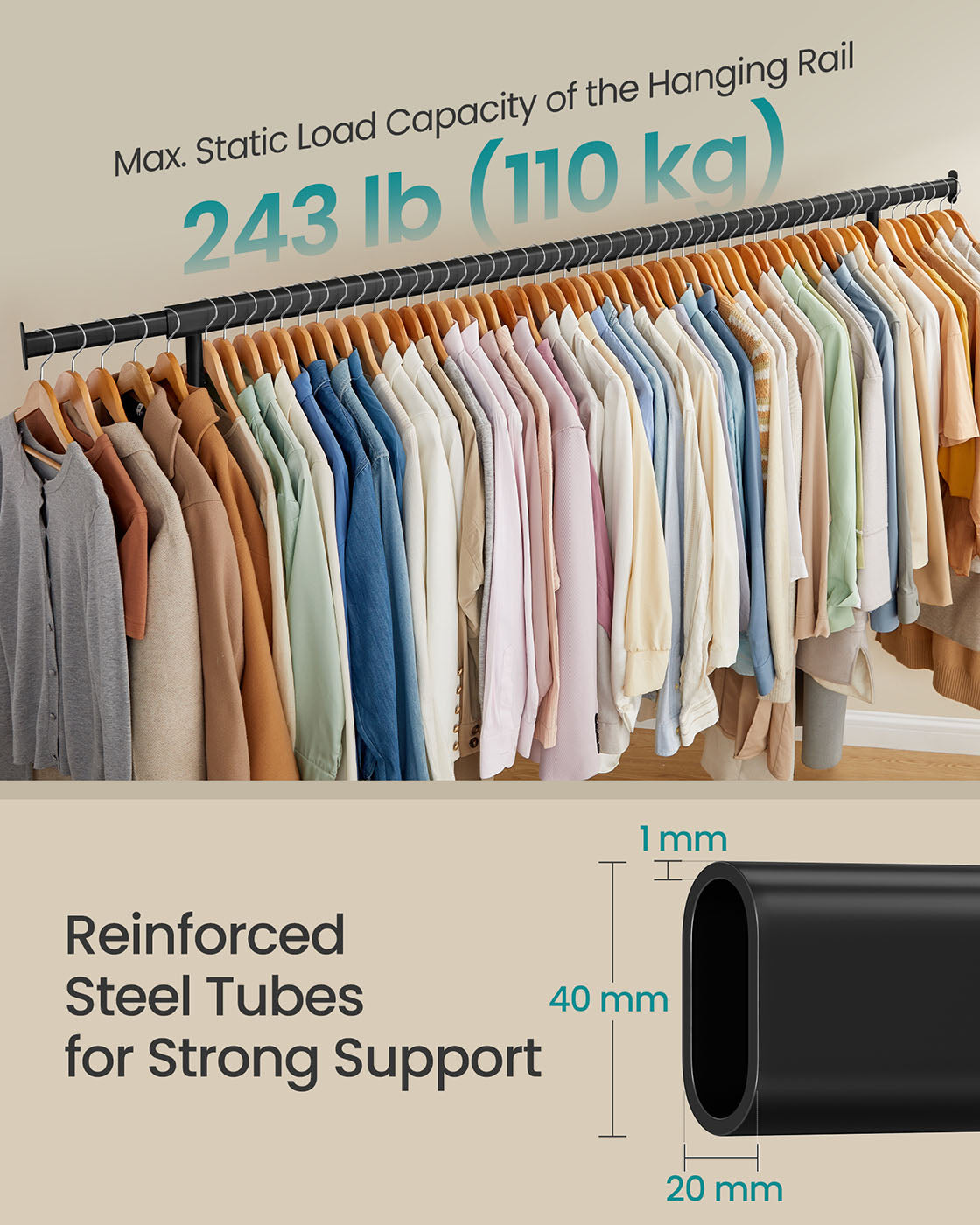 Clothes Rack - Heavy-Duty Steel - Matte Black - Extendable Hanging Rail