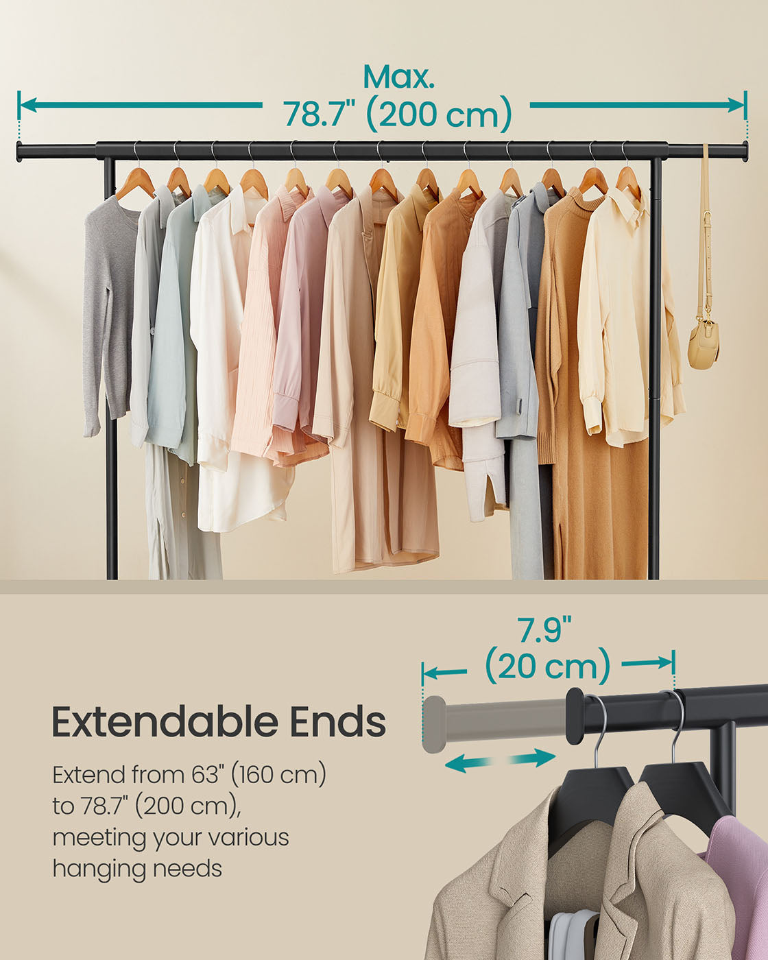 Clothes Rack - Heavy-Duty Steel - Matte Black - Extendable Hanging Rail