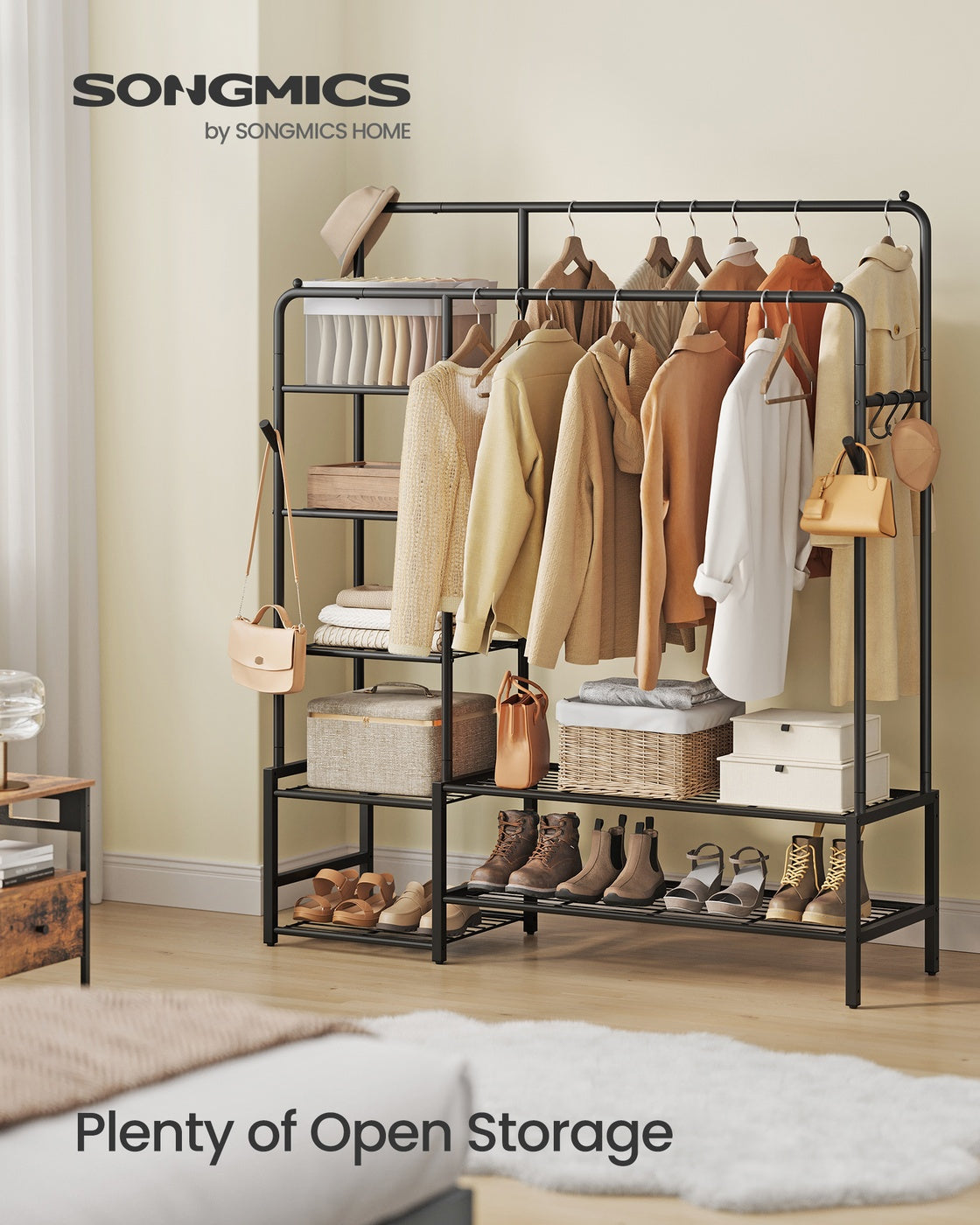 Open Wardrobe - Metal - Black - Features Shelves and Hanging Rods