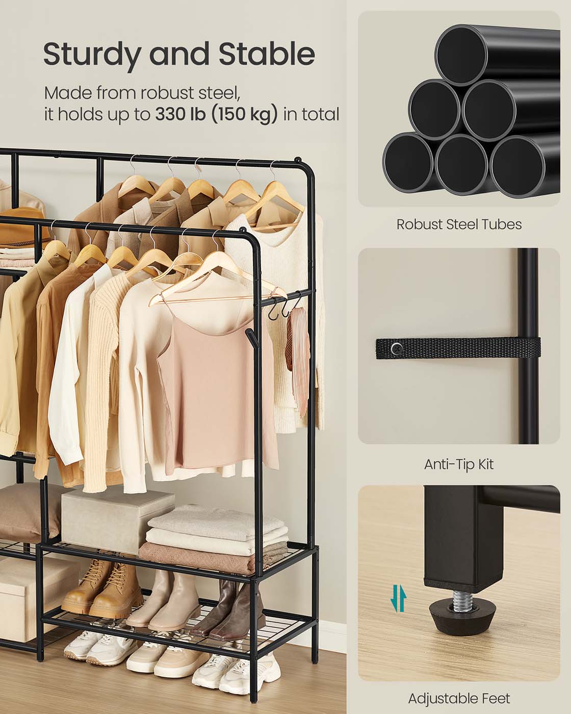 Open Wardrobe - Metal - Black - Features Shelves and Hanging Rods