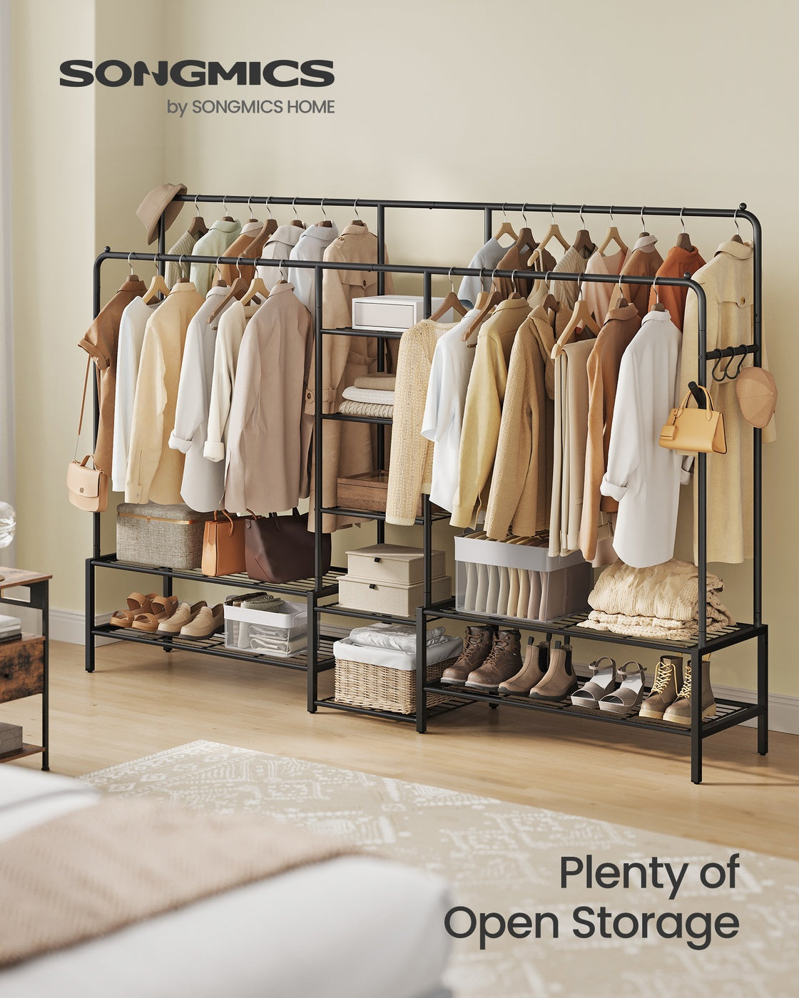 Open Wardrobe - Metal - Black - Features Shelves and Hanging Rods