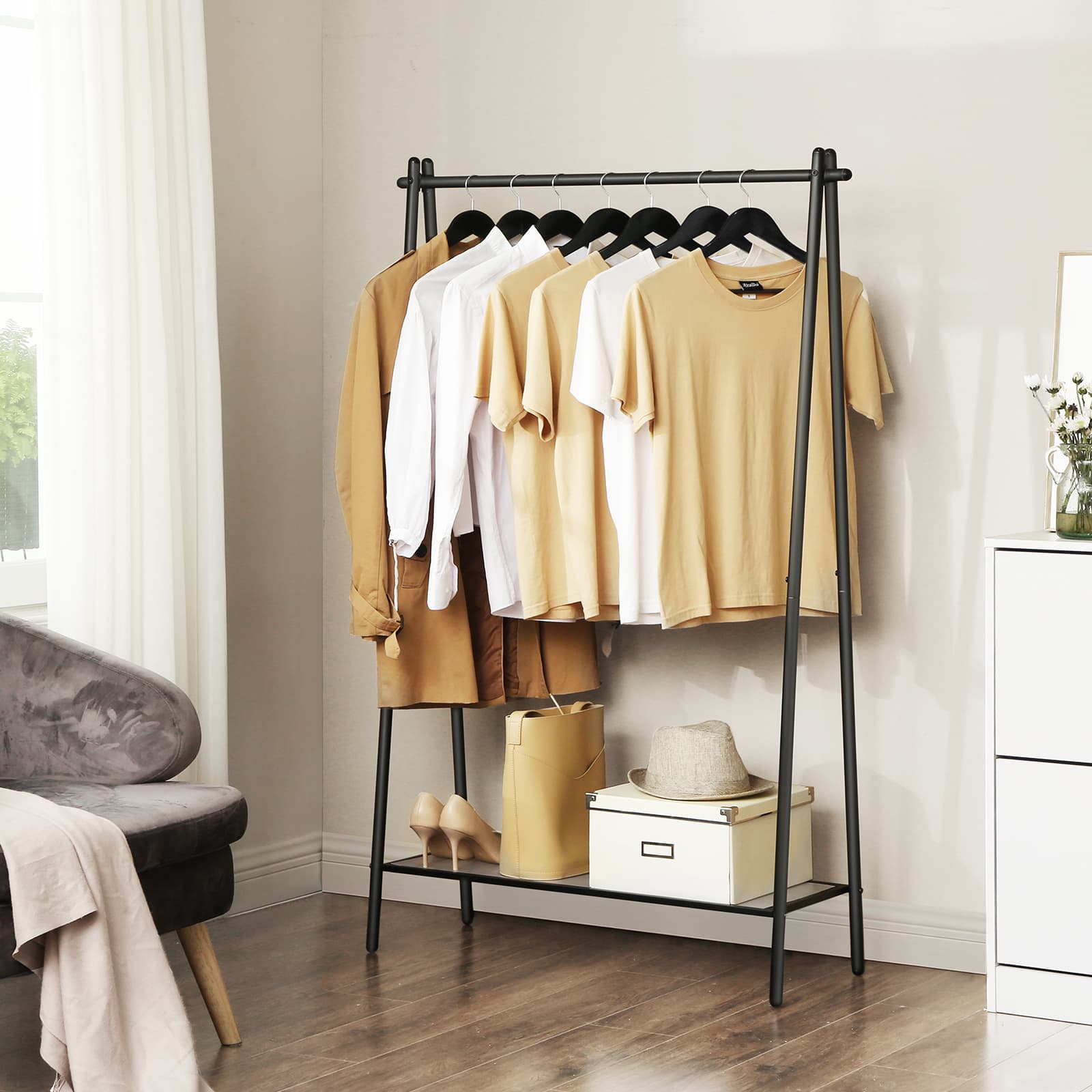 Garment Rack - Steel - Matte Black - Includes Hanging Rail and Bottom Shelf