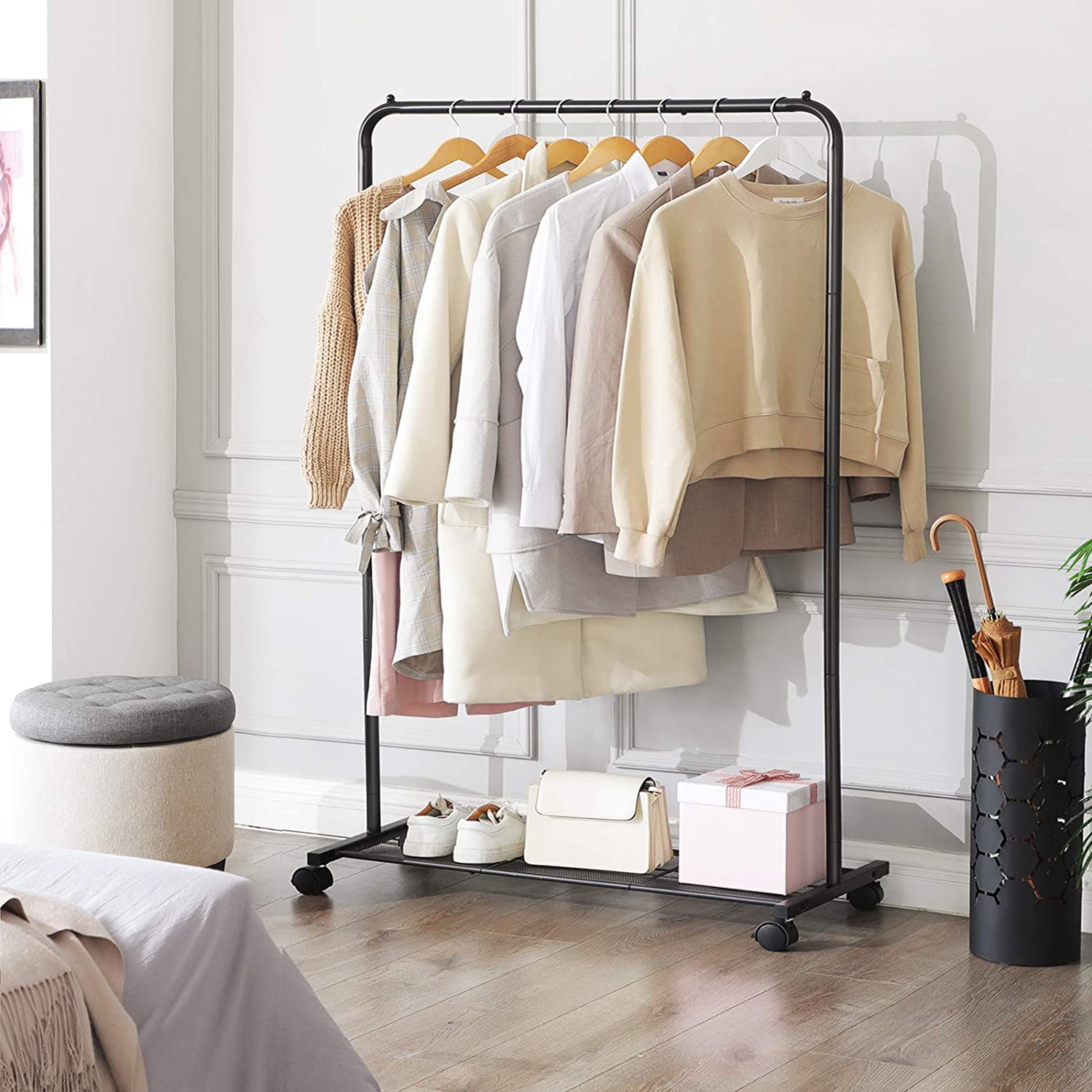 Clothes Rack - Metal - Black - Mobile with Storage Shelf
