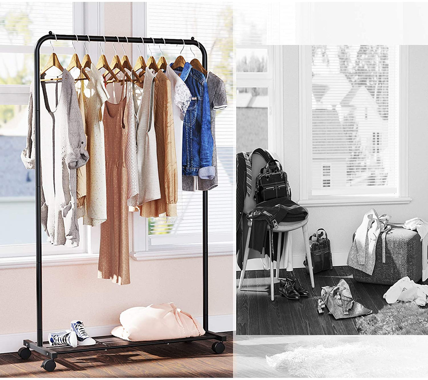 Clothes Rack - Metal - Black - Mobile with Storage Shelf