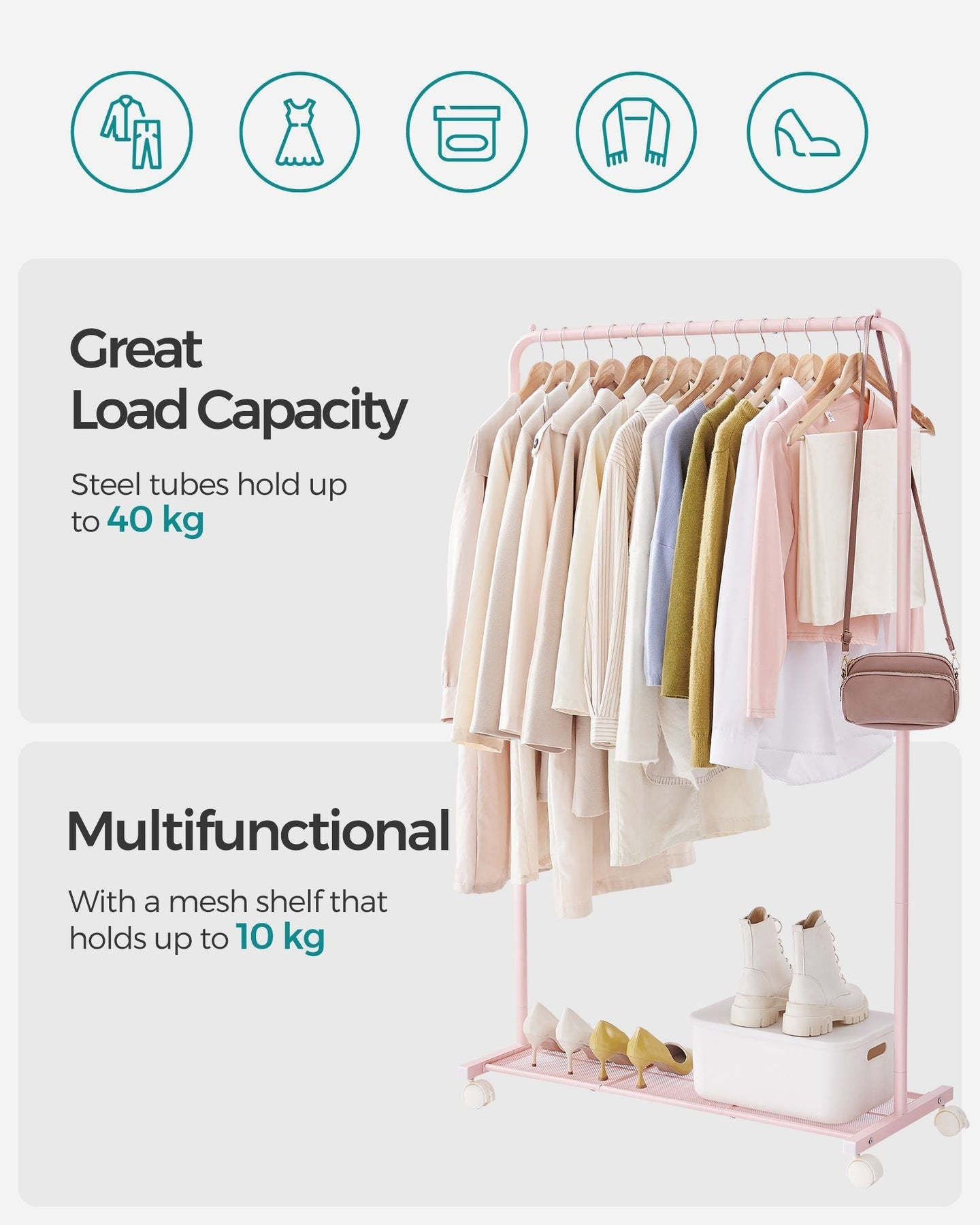 Garment Rack - Metal - Jelly Pink - Mobile with Storage Shelf